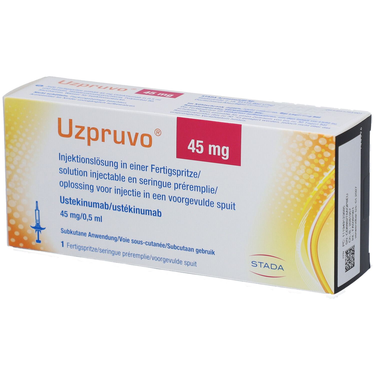 UZPRUVO 45 mg Injektionslösung in Fertigspr., Packung. Rote Schrift: 45 mg. Stada Logo. Fertigspritze-Symbol.