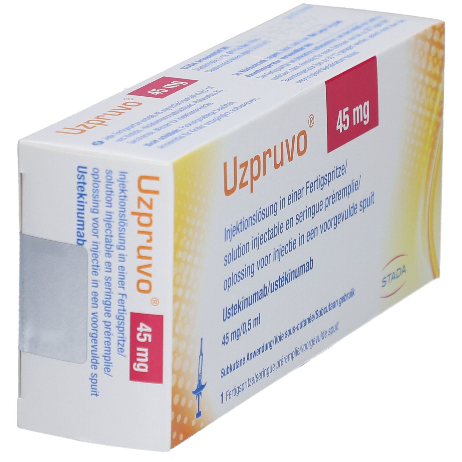 UZPRUVO 45 mg Packung, schräg. Rote Schrift: 45 mg. Text: Injektionslösung in Fertigspr.. Stada Logo.