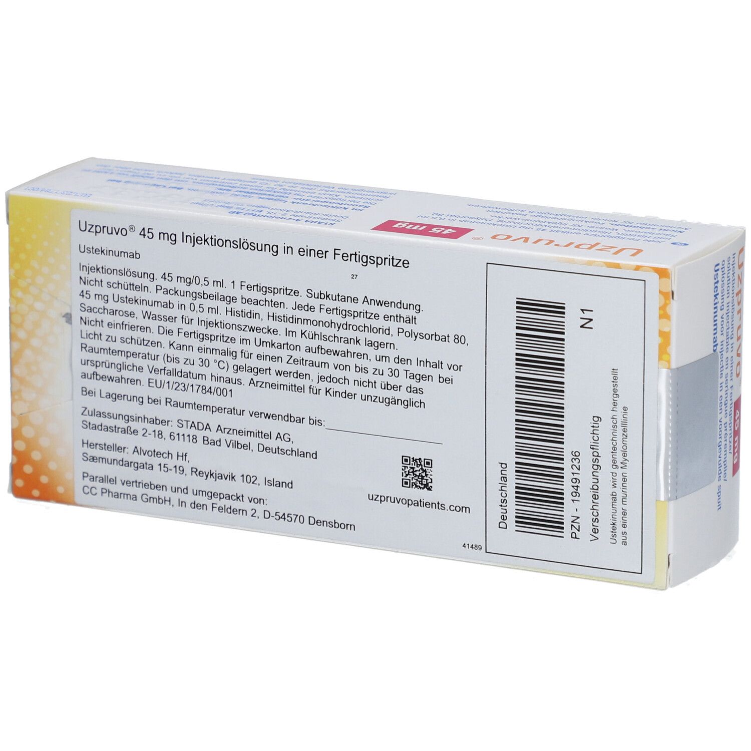 Rückseite der UZPRUVO 45 mg Packung. Text, Barcode, PZN-Nummer. Herstellerinformationen. UZPRUVO-Website.