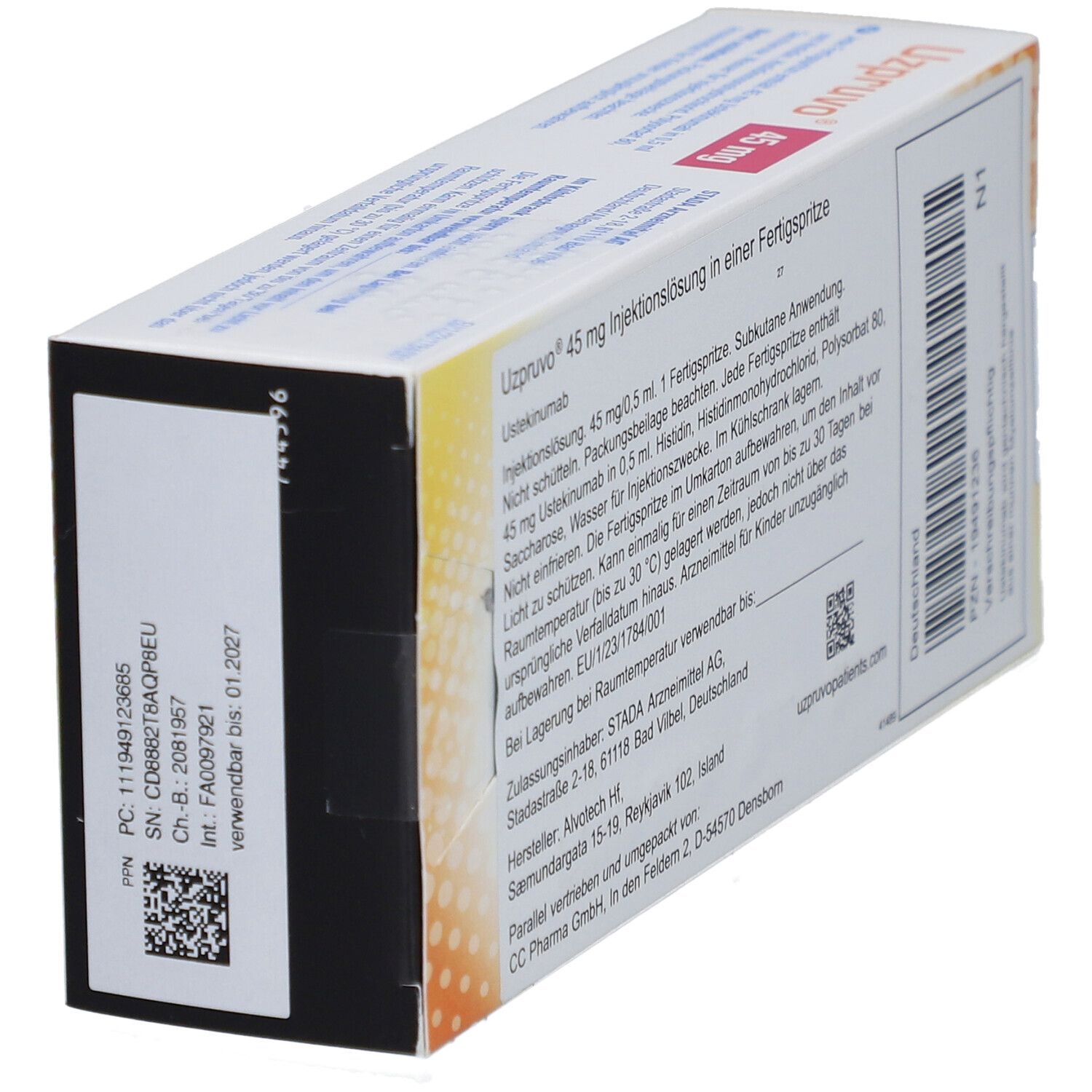 Schräge Ansicht der UZPRUVO 45 mg Packung. Text, Barcode, Chargennummer. Herstellerinformationen.
