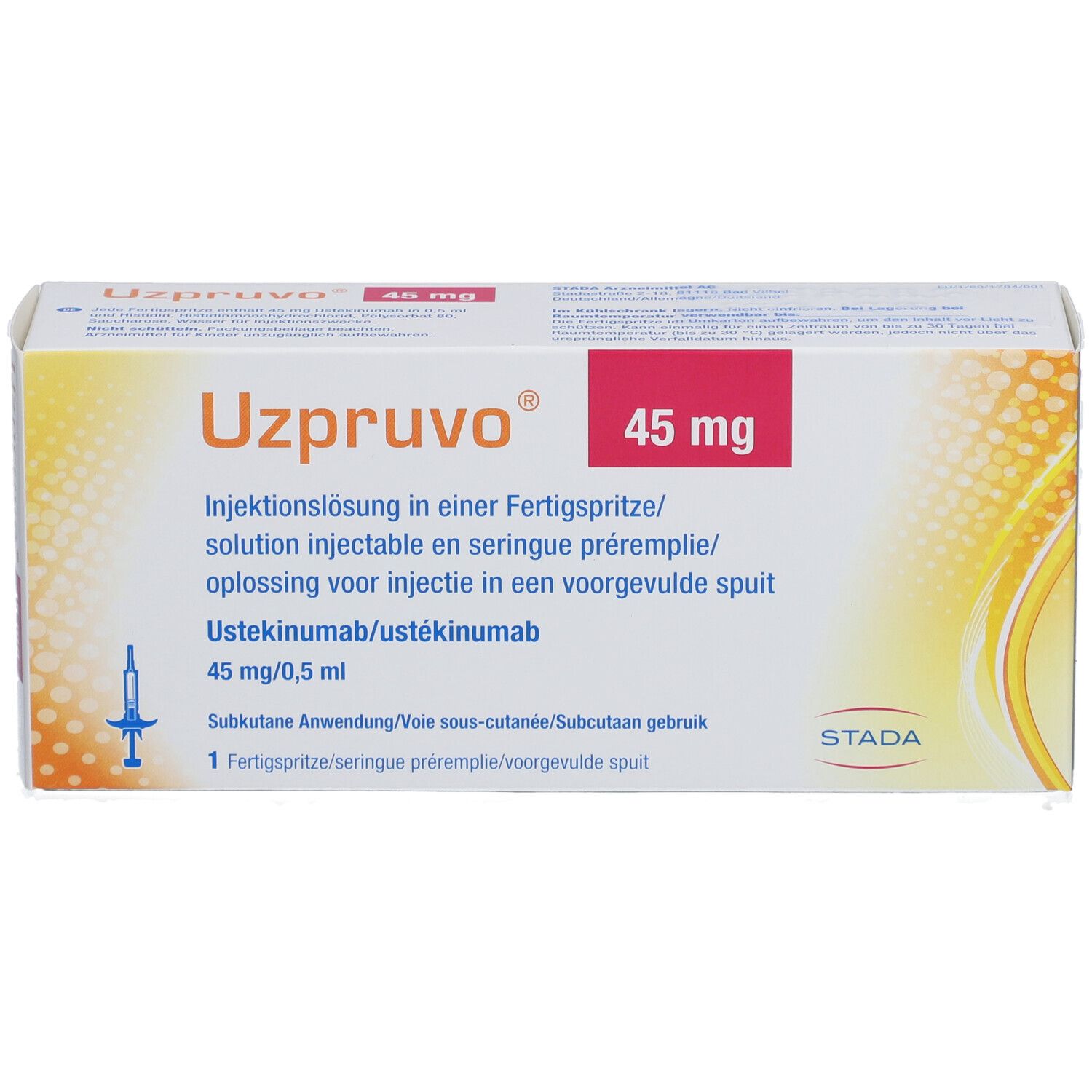 UZPRUVO 45 mg Packung. Rote Schrift: 45 mg. Text: Injektionslösung in Fertigspr.. Fertigspritze-Symbol.
