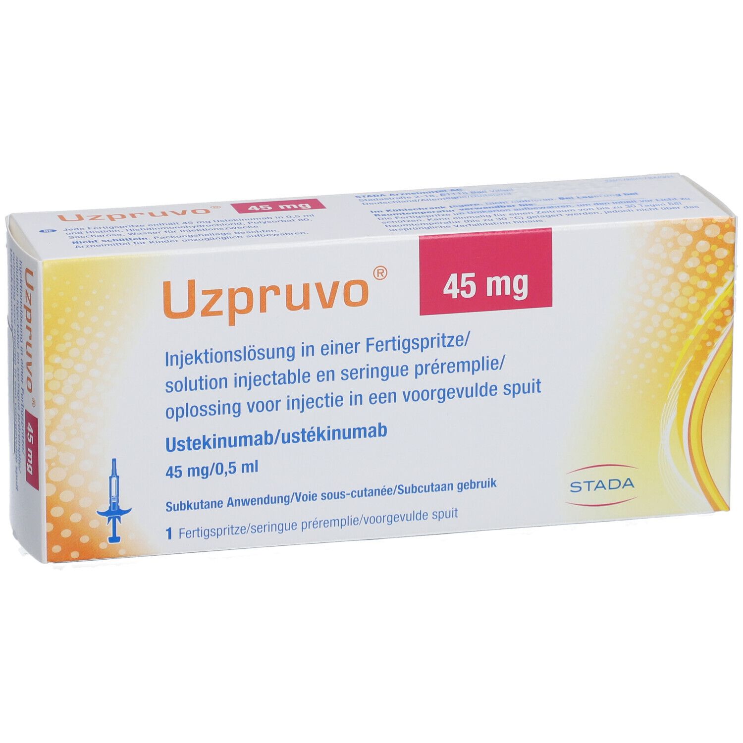 UZPRUVO 45 mg Packung. Rote Schrift: 45 mg. Text: Injektionslösung in Fertigspr.. Fertigspritze-Symbol.