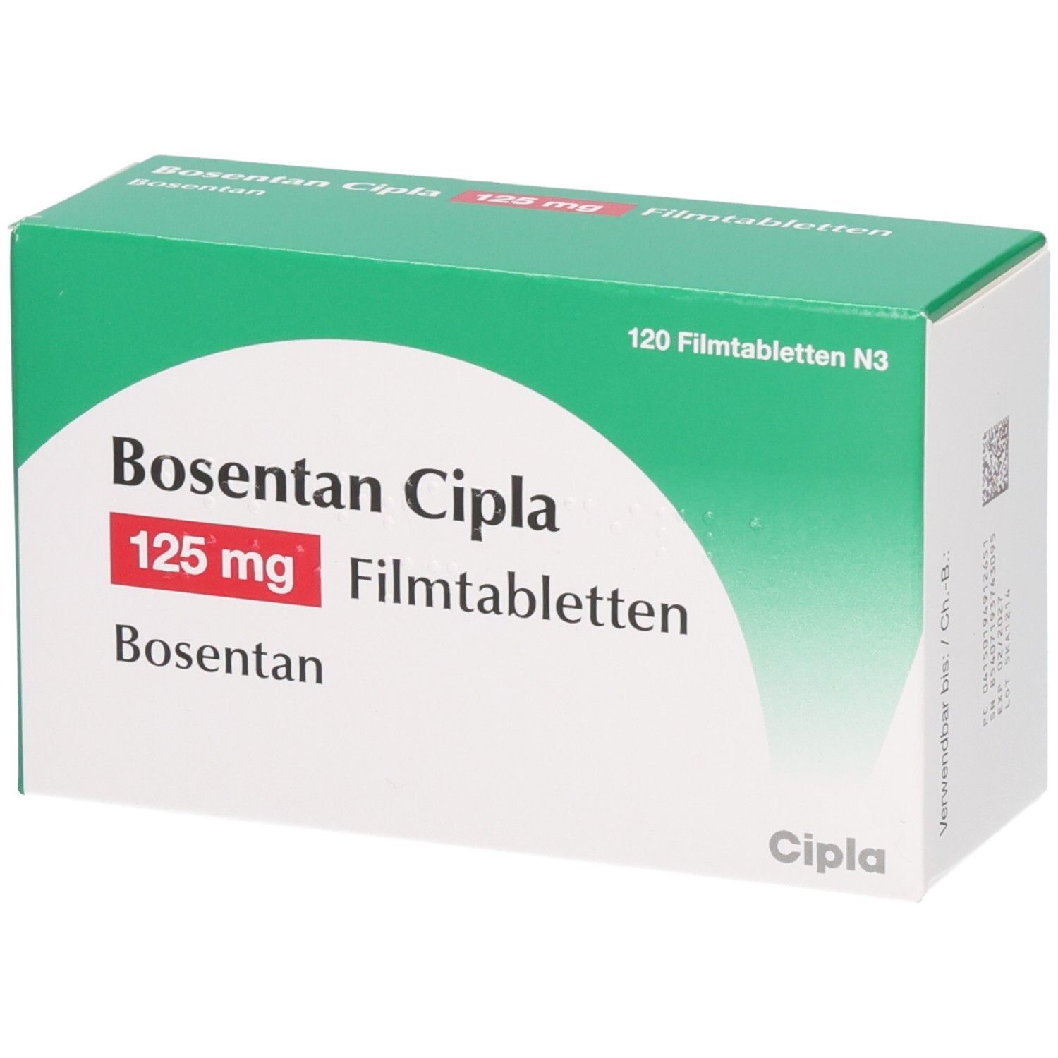 Schachtel mit Bosentan Cipla 125 mg Filmtabletten. Grün-weiße Verpackung mit roter Schrift. Cipla-Logo.