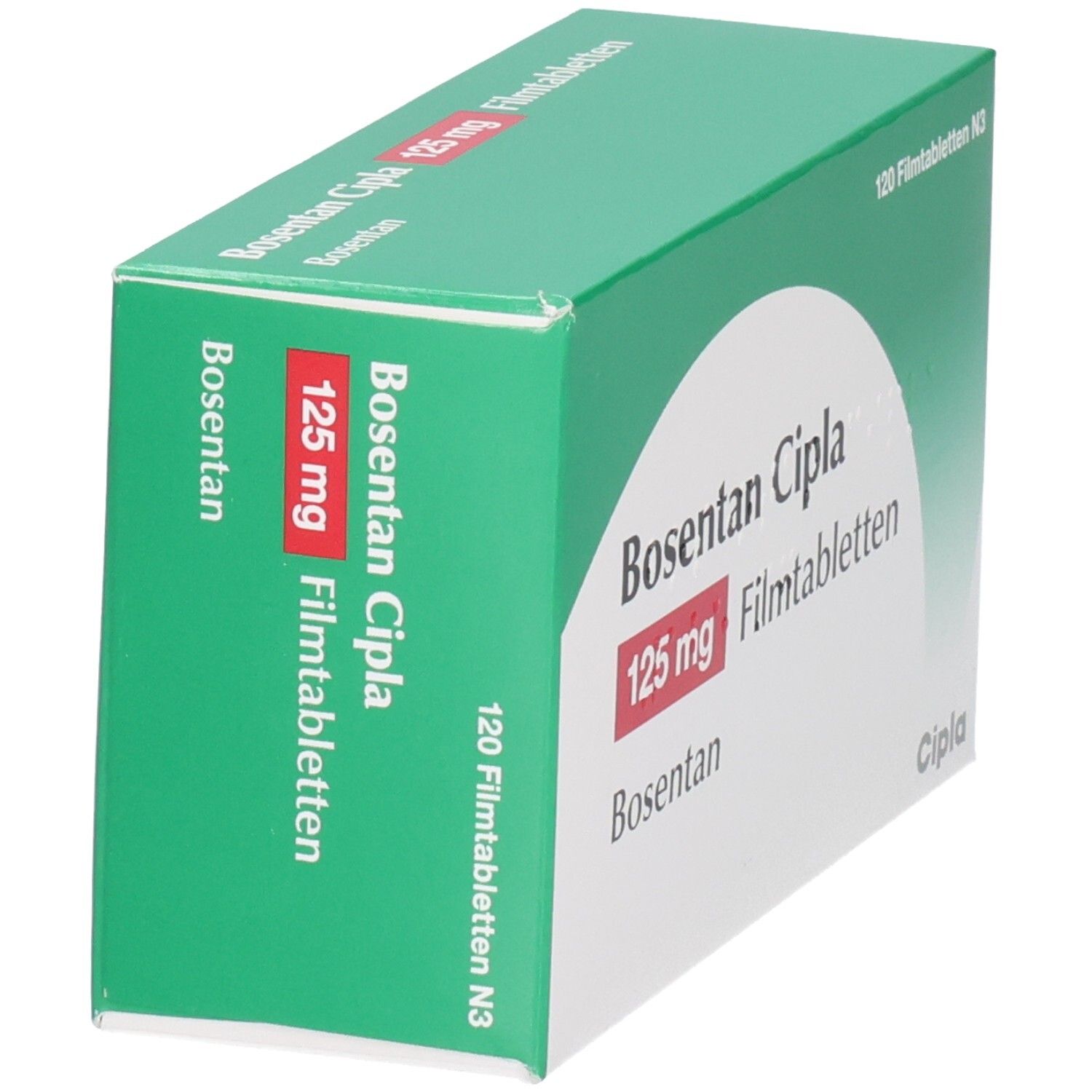 Schachtel Bosentan Cipla 125 mg Filmtabletten, schräg. Grün-weiße Verpackung mit roter Schrift. Cipla-Logo.