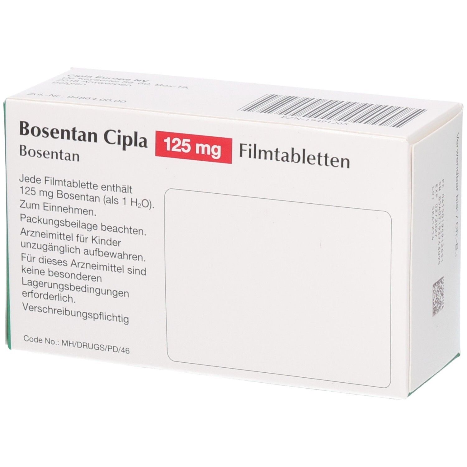 Schachtel Bosentan Cipla 125 mg Filmtabletten. Weiße Verpackung mit grünen und roten Akzenten. Text und Logo.