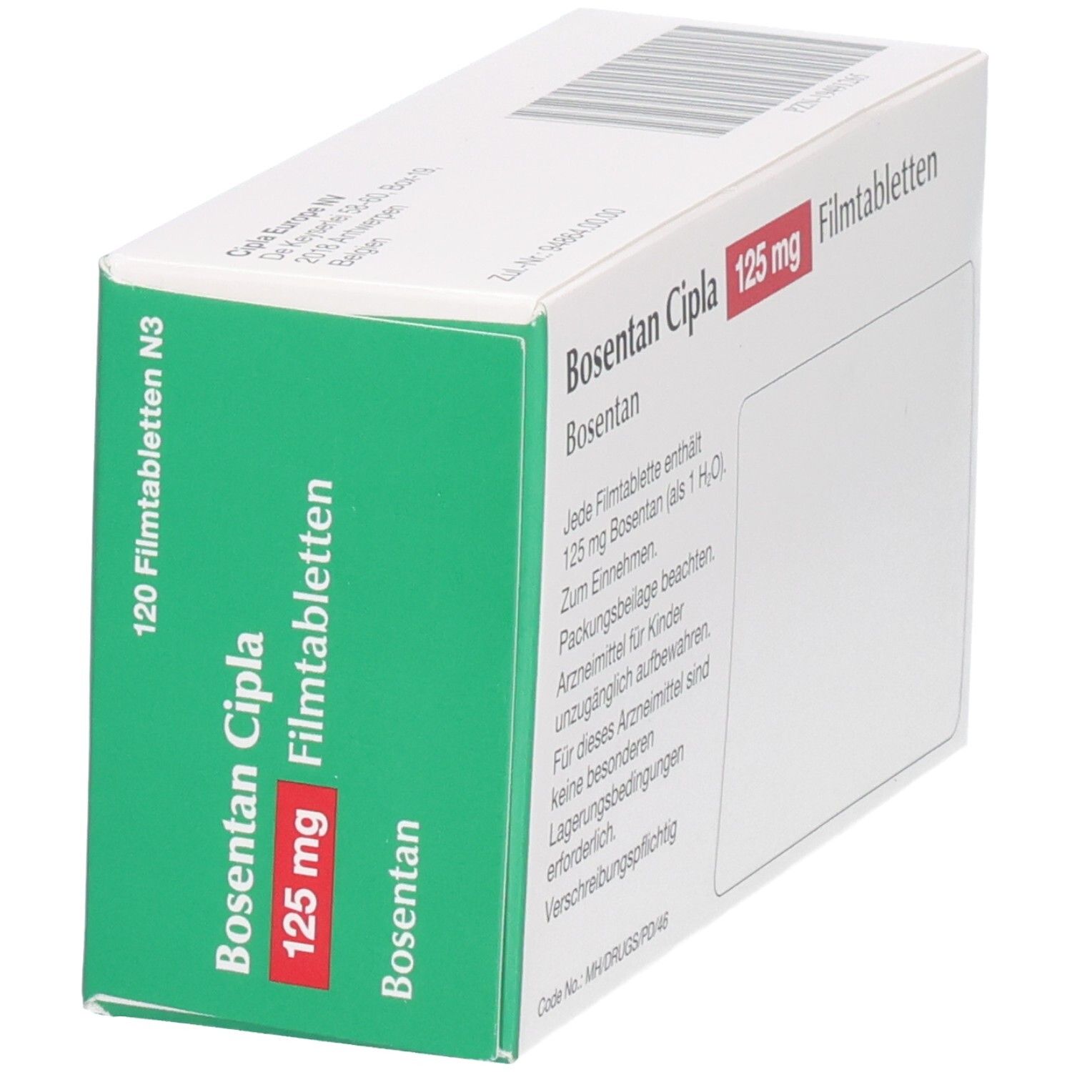 Schachtel Bosentan Cipla 125 mg Filmtabletten, schräg. Weiße Verpackung mit grünen und roten Akzenten. Text und Logo.