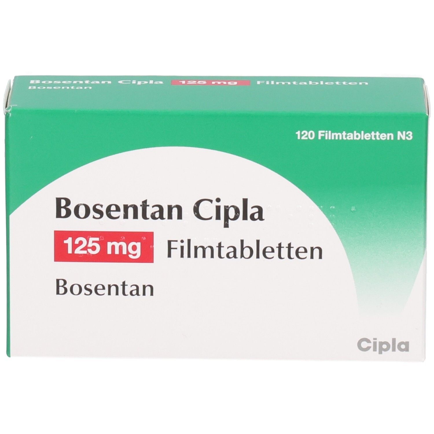 Schachtel Bosentan Cipla 125 mg Filmtabletten. Grün-weiße Verpackung mit roter Schrift. Cipla-Logo.