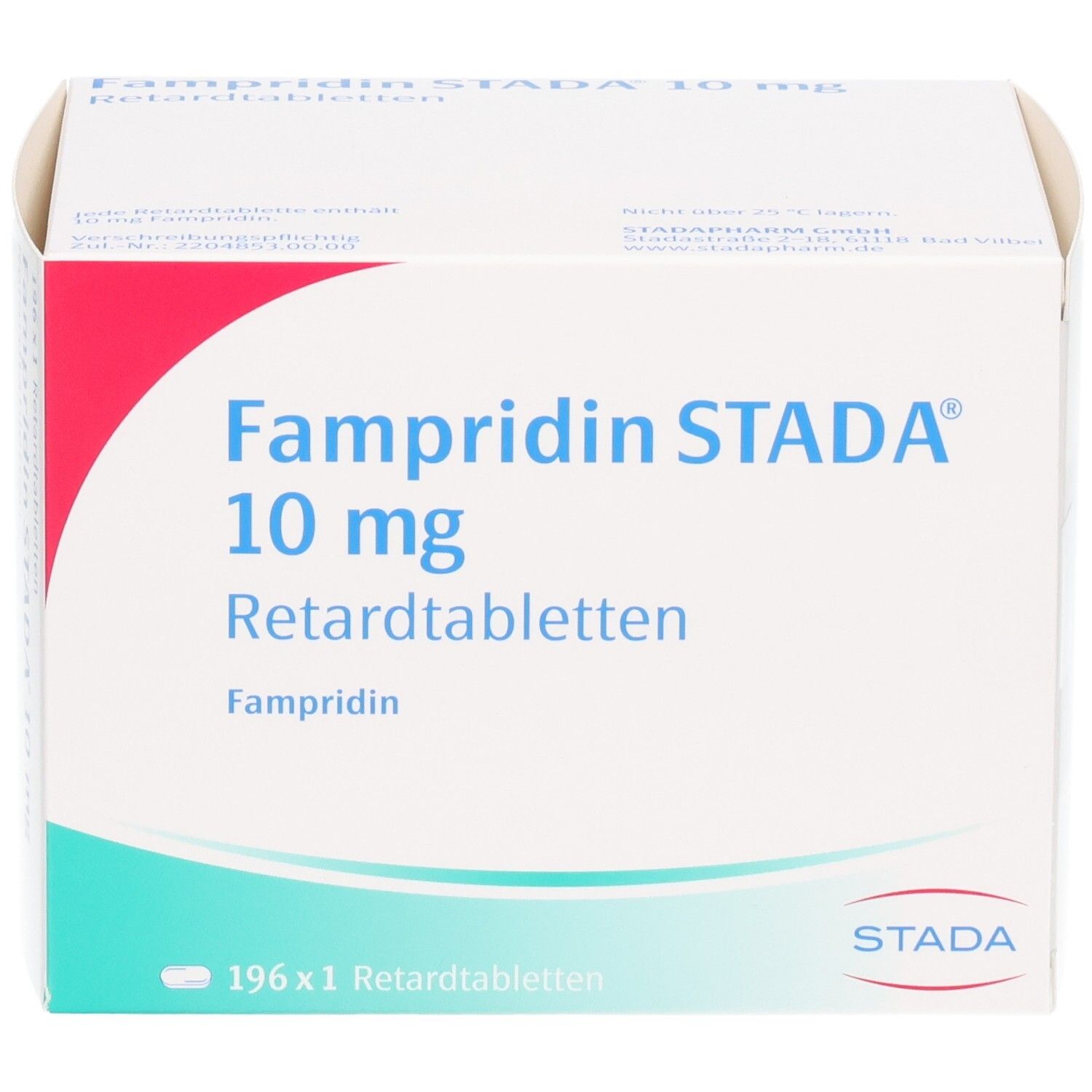 Fampridin STADA 10 mg Retardtabletten Verpackung, Vorderseite mit Details.