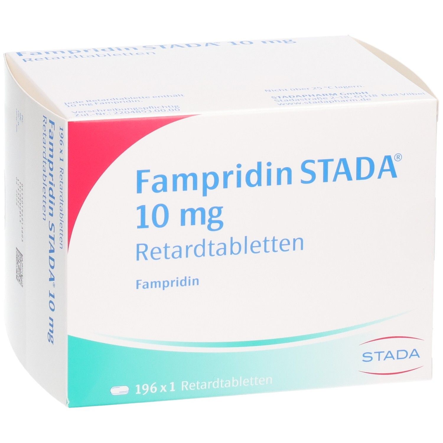 Fampridin STADA 10 mg Retardtabletten Verpackung, schräg von vorne.