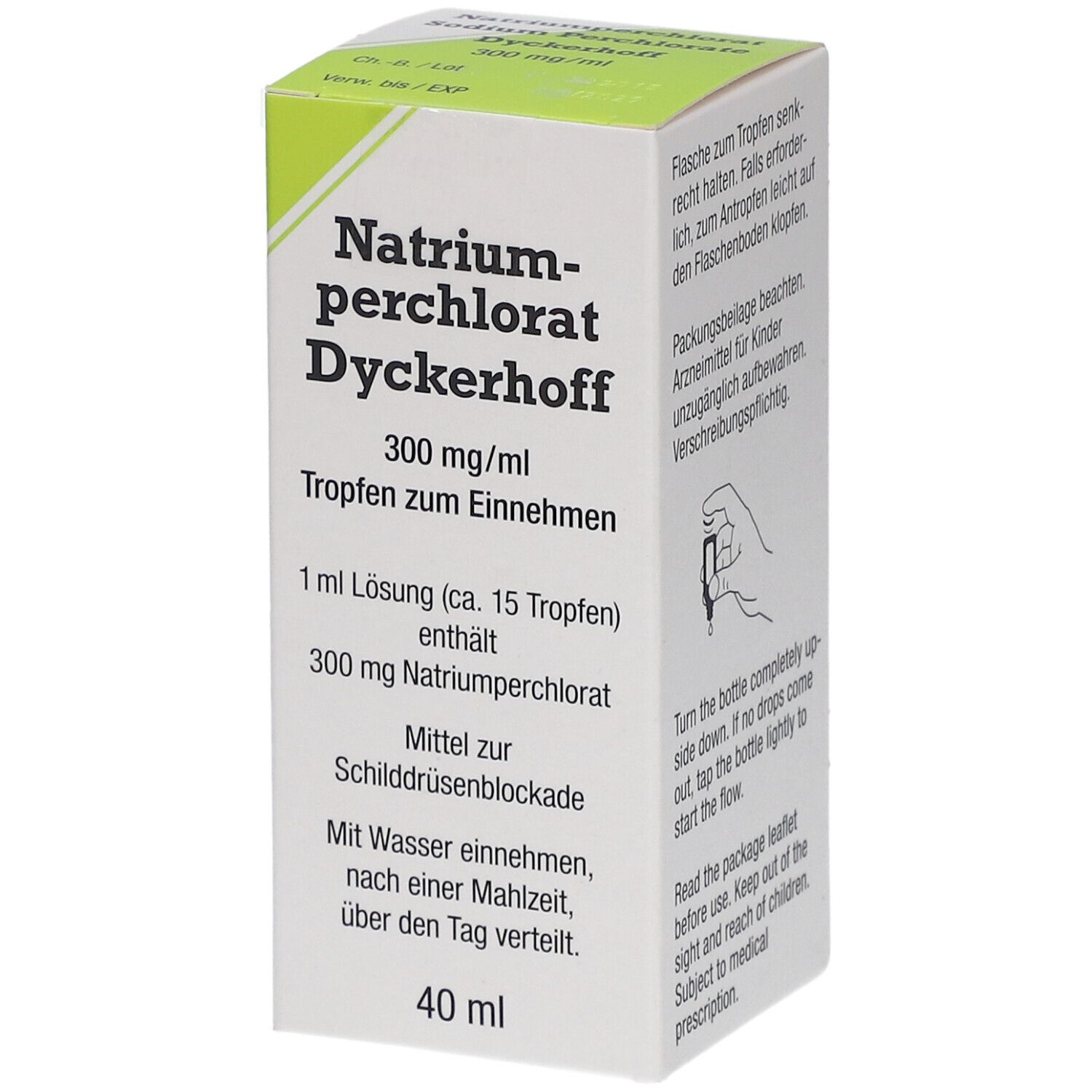 Schachtel mit Natriumperchlorat Dyckerhoff, 300 mg/ml, Tropfen. Enthält 40 ml. Text in Deutsch.