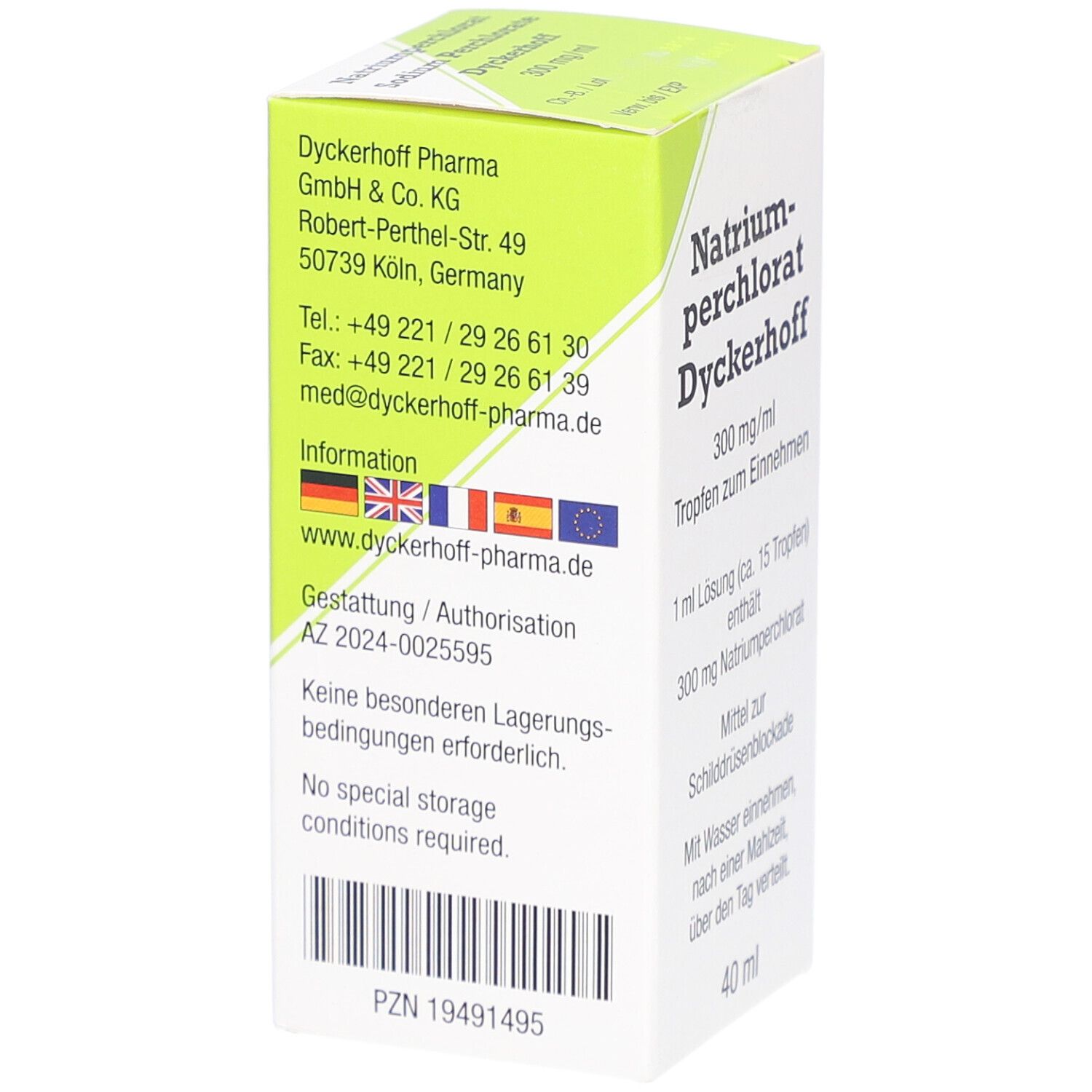 Rückseite der Schachtel mit Informationen zu Natriumperchlorat Dyckerhoff. Enthält Adresse, Kontakt, und PZN-Nummer.