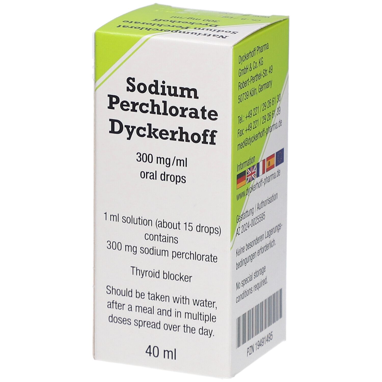 Schachtel mit Sodium Perchlorate Dyckerhoff, 300 mg/ml, orale Tropfen. Enthält 40 ml. Text in Englisch.