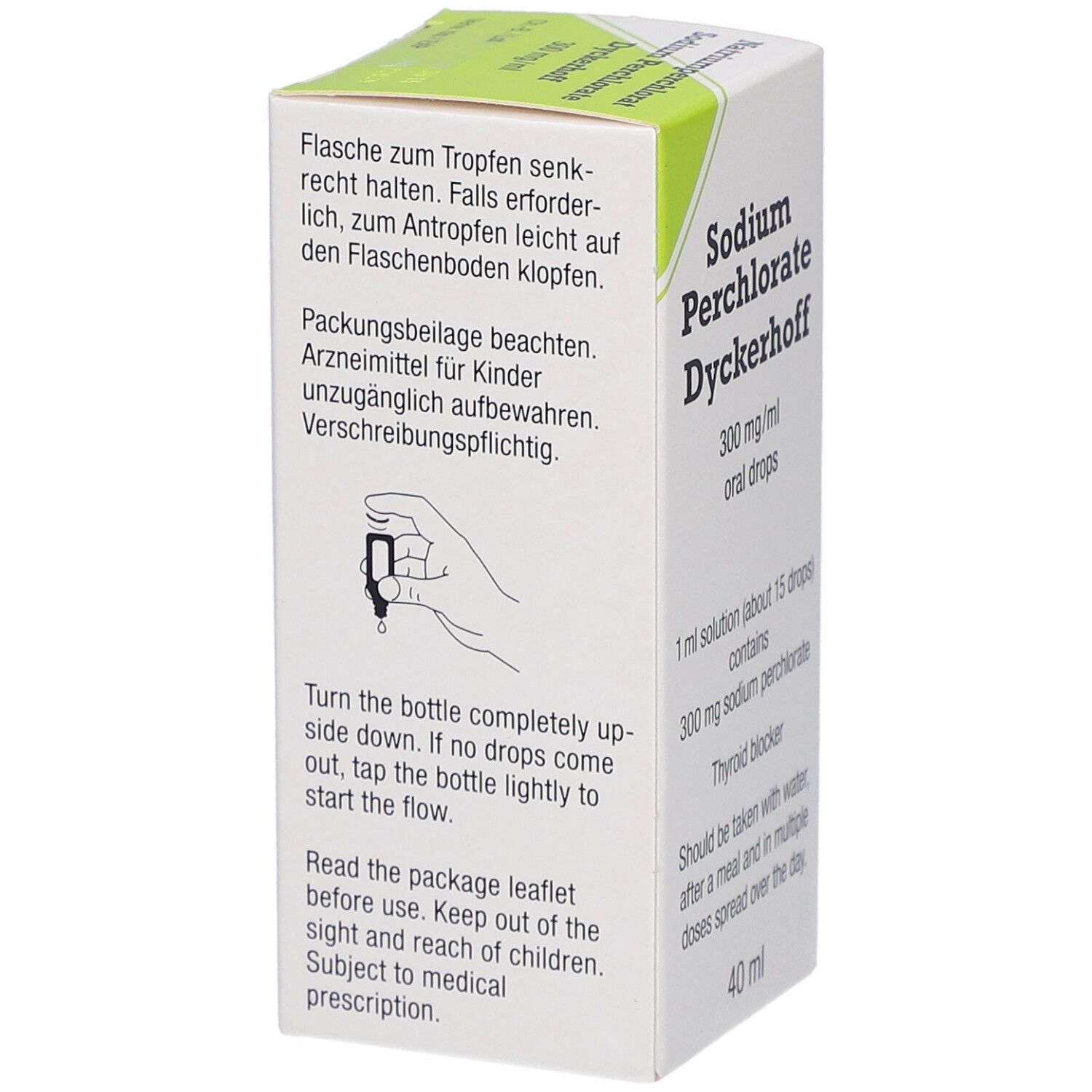 Schachtel mit Sodium Perchlorate Dyckerhoff, 300 mg/ml, orale Tropfen. Enthält Anweisungen und Text in Englisch.