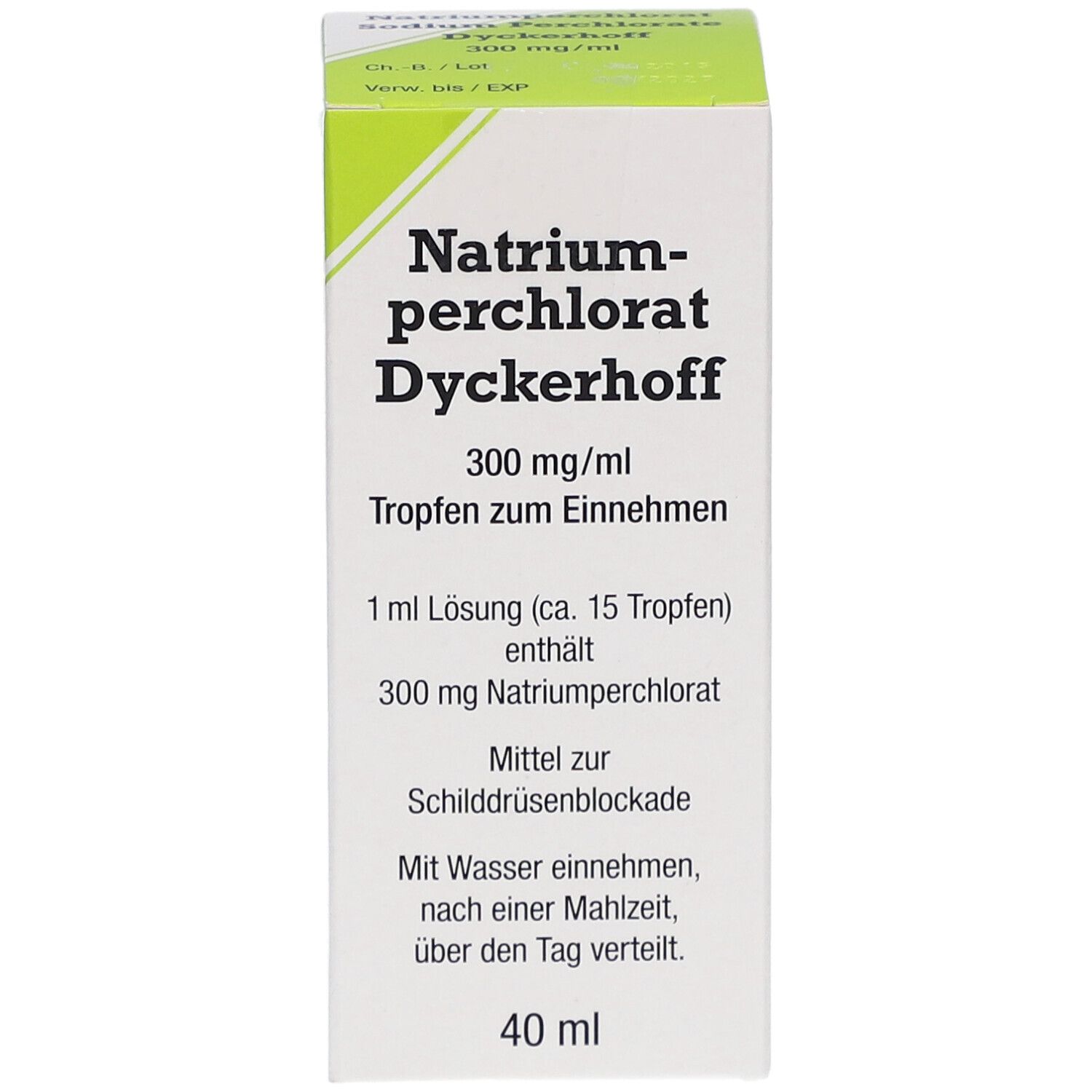 Vorderseite der Schachtel mit Natriumperchlorat Dyckerhoff, 300 mg/ml, Tropfen. Enthält 40 ml. Text in Deutsch.