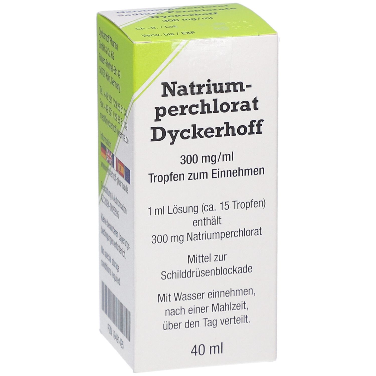 Schachtel mit Natriumperchlorat Dyckerhoff, 300 mg/ml, Tropfen. Enthält 40 ml. Text in Deutsch und Logos.