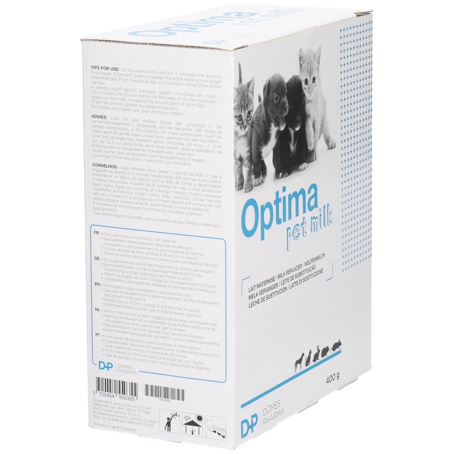 Karton mit Optima pet milk. Rückseite mit Text und Abbildungen. Text: Lait maternisé, Milk Replacer, Welpenmilch, Melkvervanger, Leche de sustitución, Latte di sostituzione.