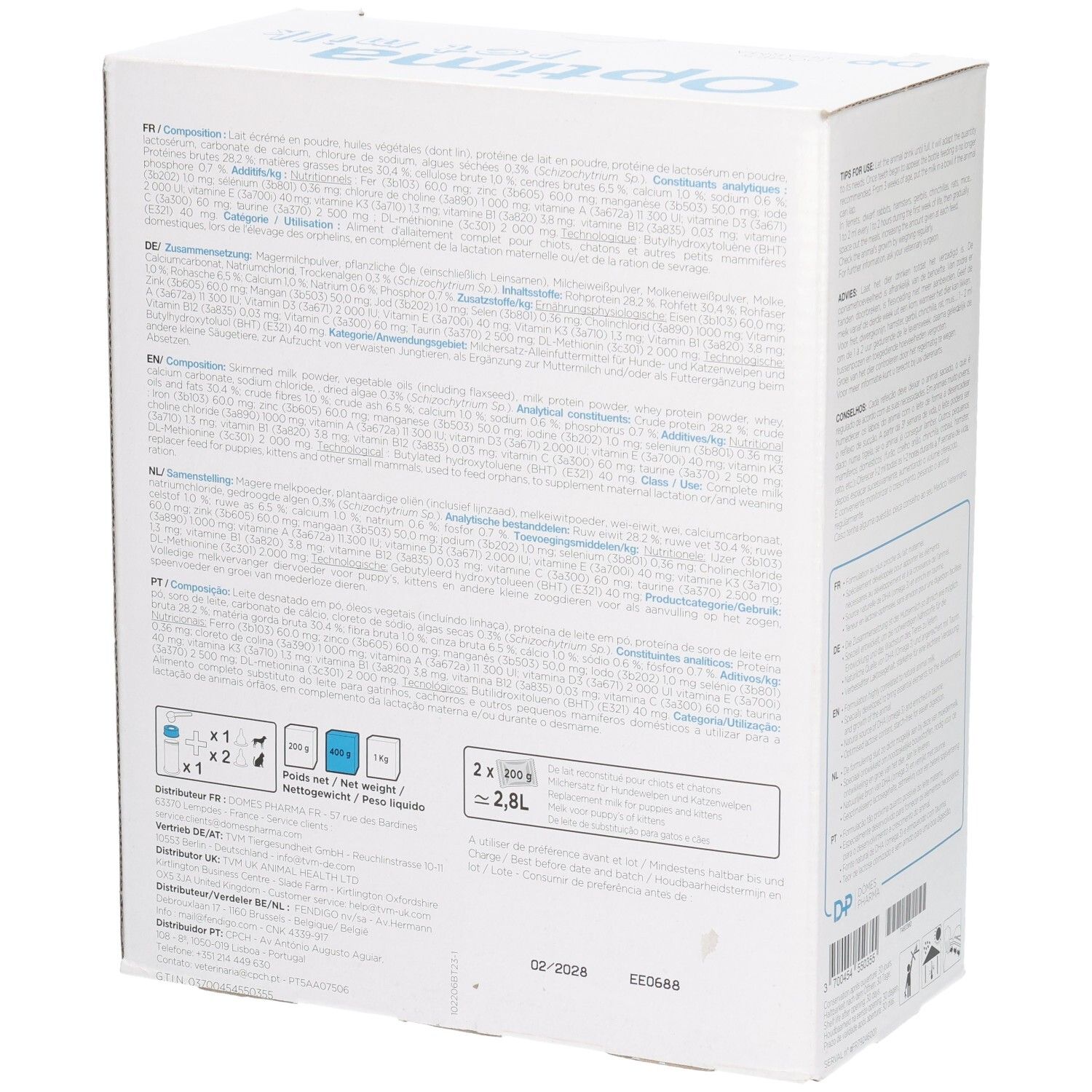 Rückseite der Optima pet milk Verpackung. Text über Zusammensetzung und Nährwerte. Abbildungen von Tieren und Mengenangaben.