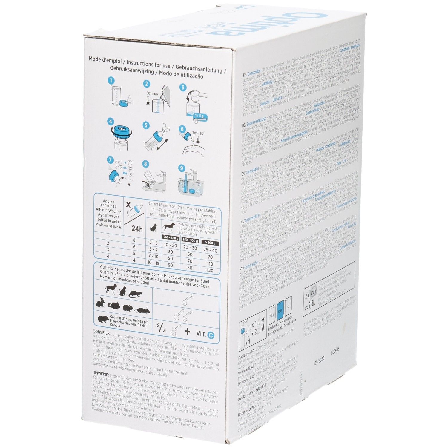 Optima pet milk Verpackung. Anweisungen und Illustrationen zur Zubereitung. Abbildungen von Tieren und Mengenangaben.