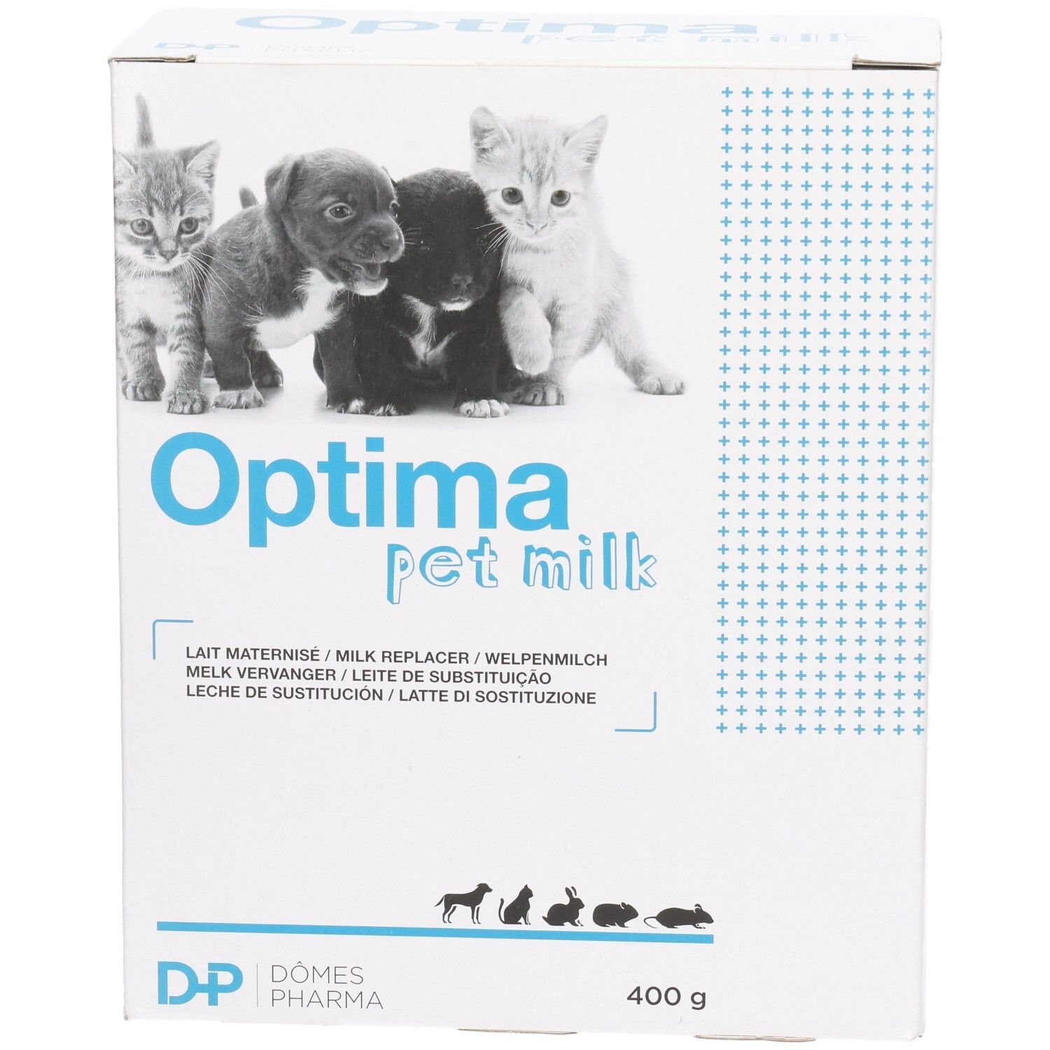 Karton mit Optima pet milk. Abbildung von Welpen und Kätzchen. Text: Lait maternisé, Milk Replacer, Welpenmilch, Melkvervanger, Leche de sustitución, Latte di sostituzione.