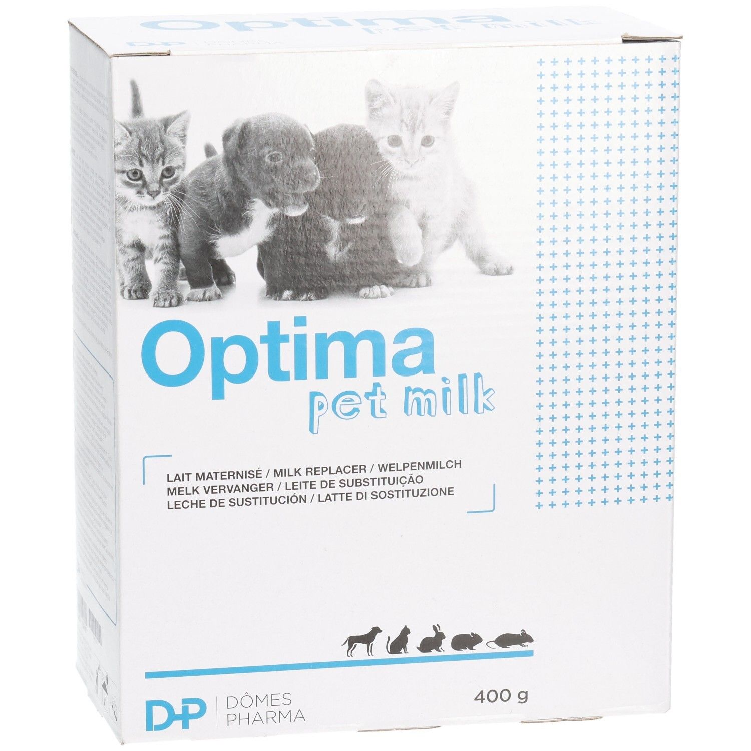 Karton mit Optima pet milk. Abbildung von Welpen und Kätzchen. Text: Lait maternisé, Milk Replacer, Welpenmilch, Melkvervanger, Leche de sustitución, Latte di sostituzione.