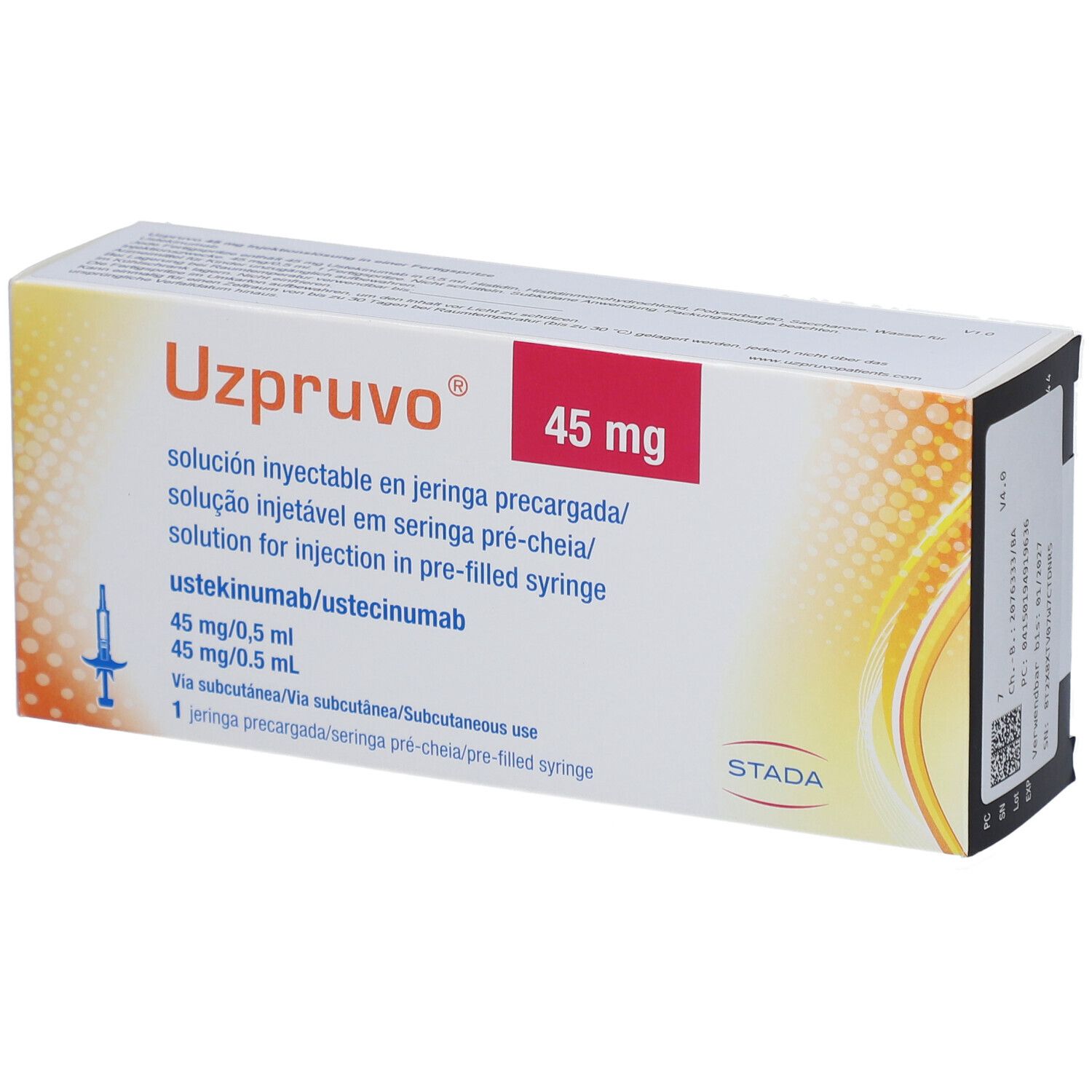 Schachtel mit UZPRUVO 45 mg Injektionslösung. Rote Schrift auf weißem Grund. Produktname und Dosierung deutlich sichtbar.