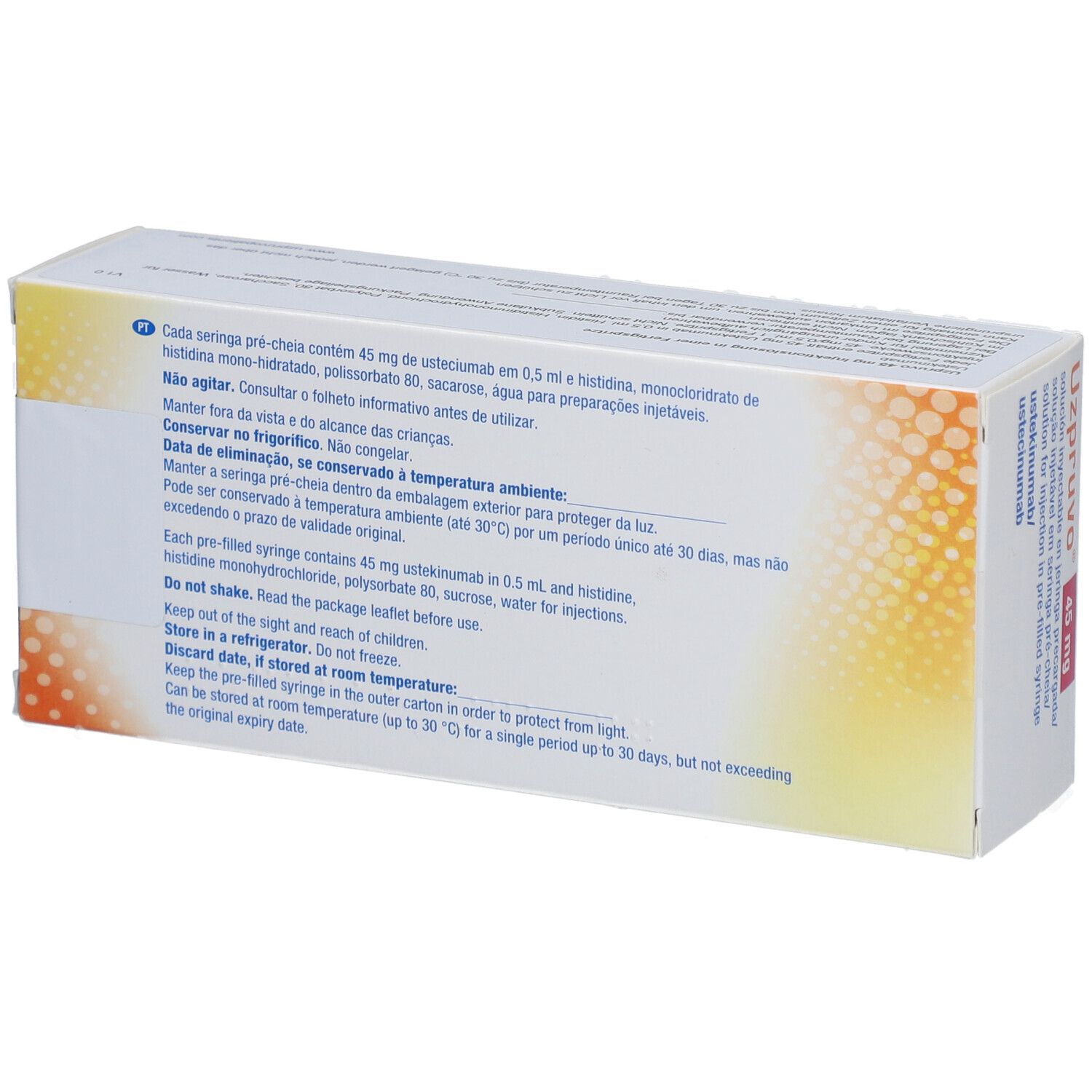 Rückseite der UZPRUVO-Verpackung. Mehrsprachiger Text mit Inhaltsangaben und Lagerhinweisen.