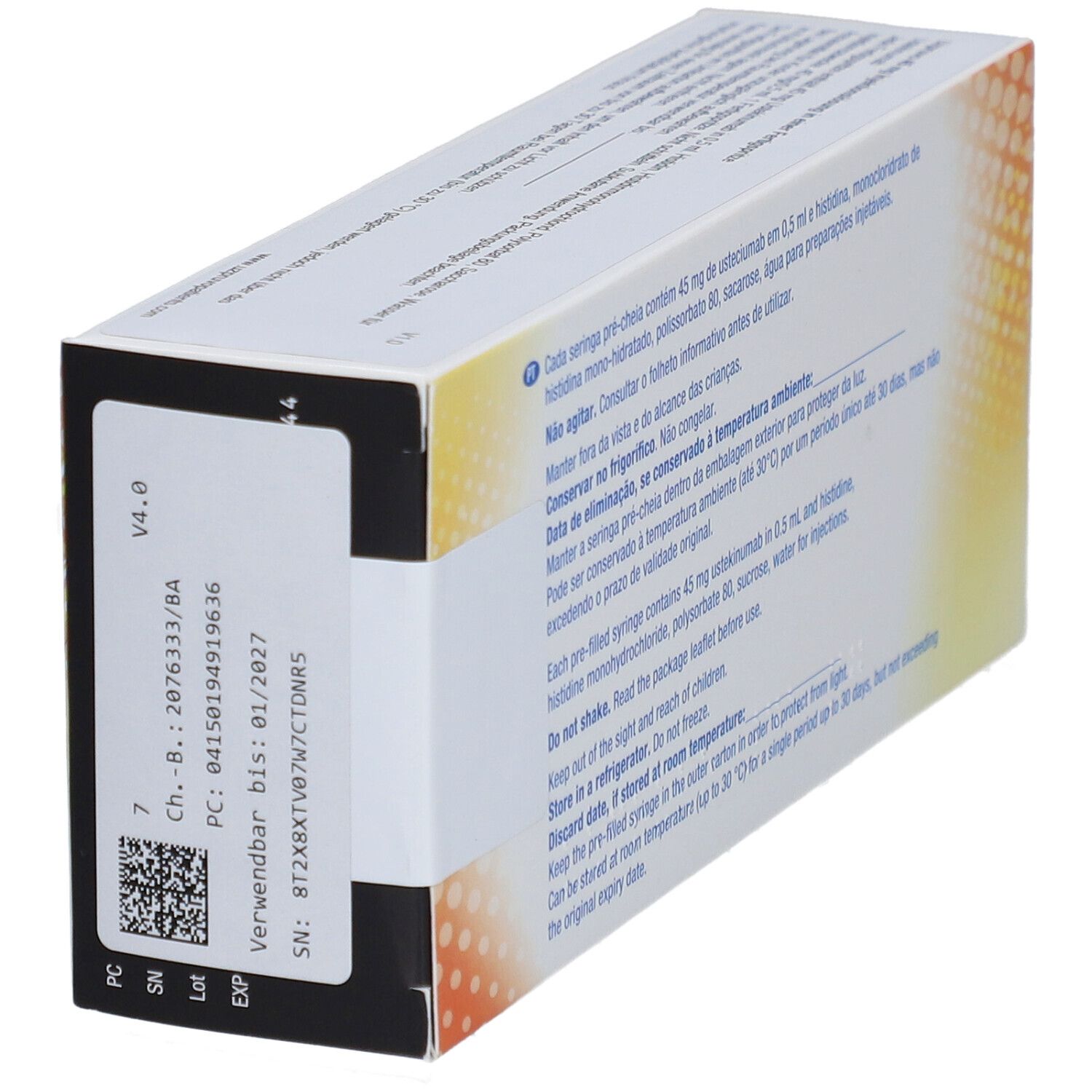 Seitenansicht der UZPRUVO-Verpackung. Informationen zu Chargennummer, Verfallsdatum und Hersteller.