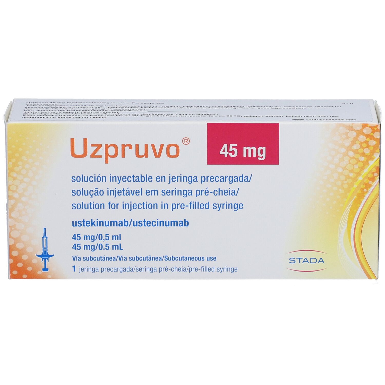 UZPRUVO 45 mg Schachtel. Produktname und Dosierung in roter Schrift. Mehrsprachige Produktinformationen.