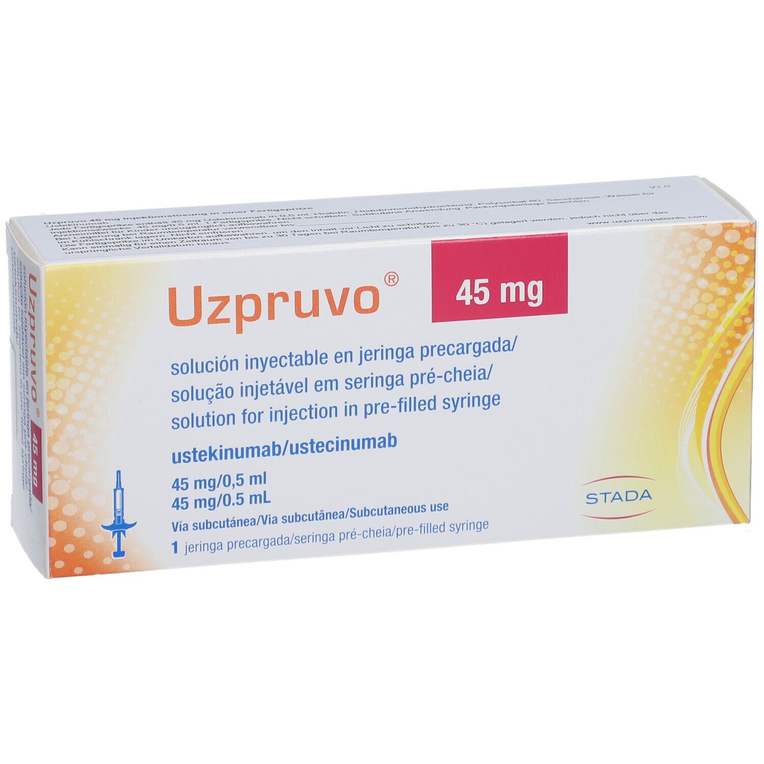 UZPRUVO 45 mg Schachtel. Produktname und Dosierung in roter Schrift. Verpackung mit mehrsprachigen Angaben.