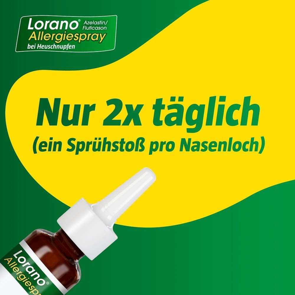 Gelber Hintergrund mit Text: Nur 2x täglich (ein Sprühstoß pro Nasenloch). Flasche mit Sprühaufsatz.