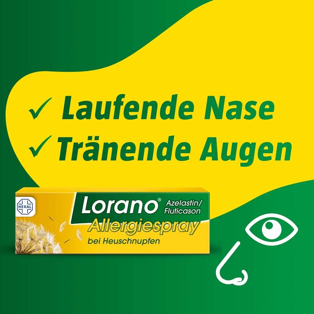 Gelber Hintergrund mit Text: Laufende Nase, Tränende Augen. Schachtel mit Lorano Allergiespray. Auge und Nase als Symbole.