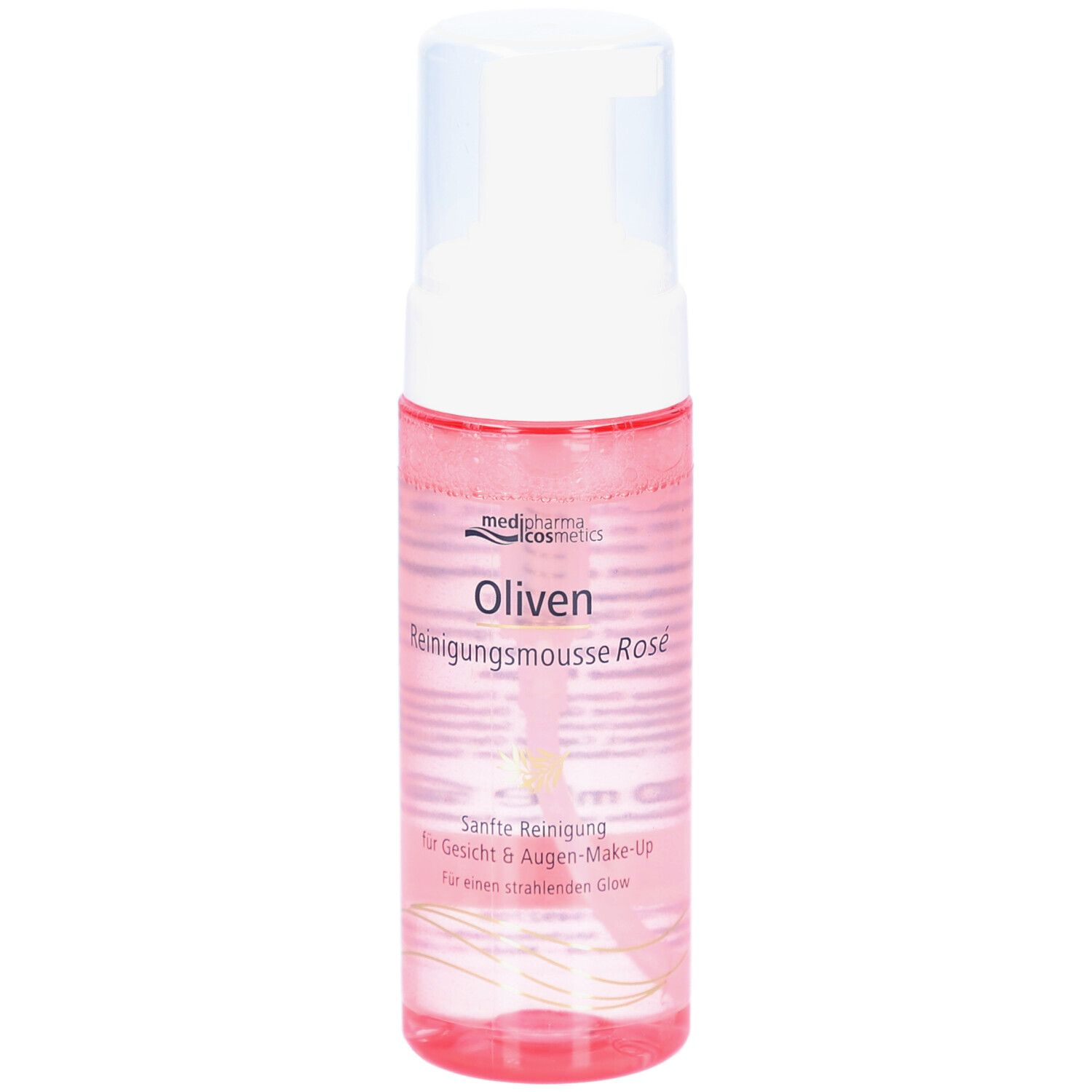 Reinigungsmousse Rosé von medipharma cosmetics. Transparente Flasche mit weißem Pumpkopf. Produktname und Logo sichtbar.