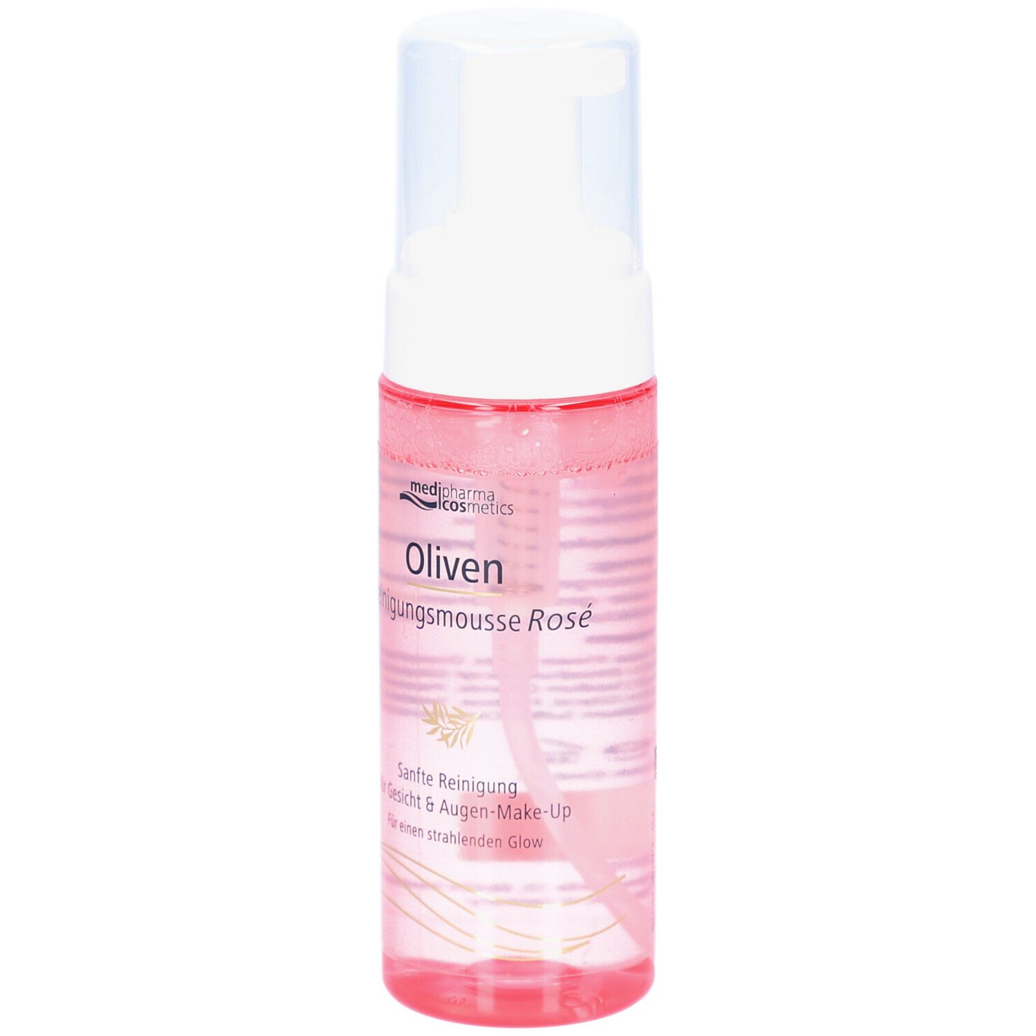 Reinigungsmousse Rosé von medipharma cosmetics. Transparente Flasche mit weißem Pumpkopf. Produktname und Logo sichtbar.