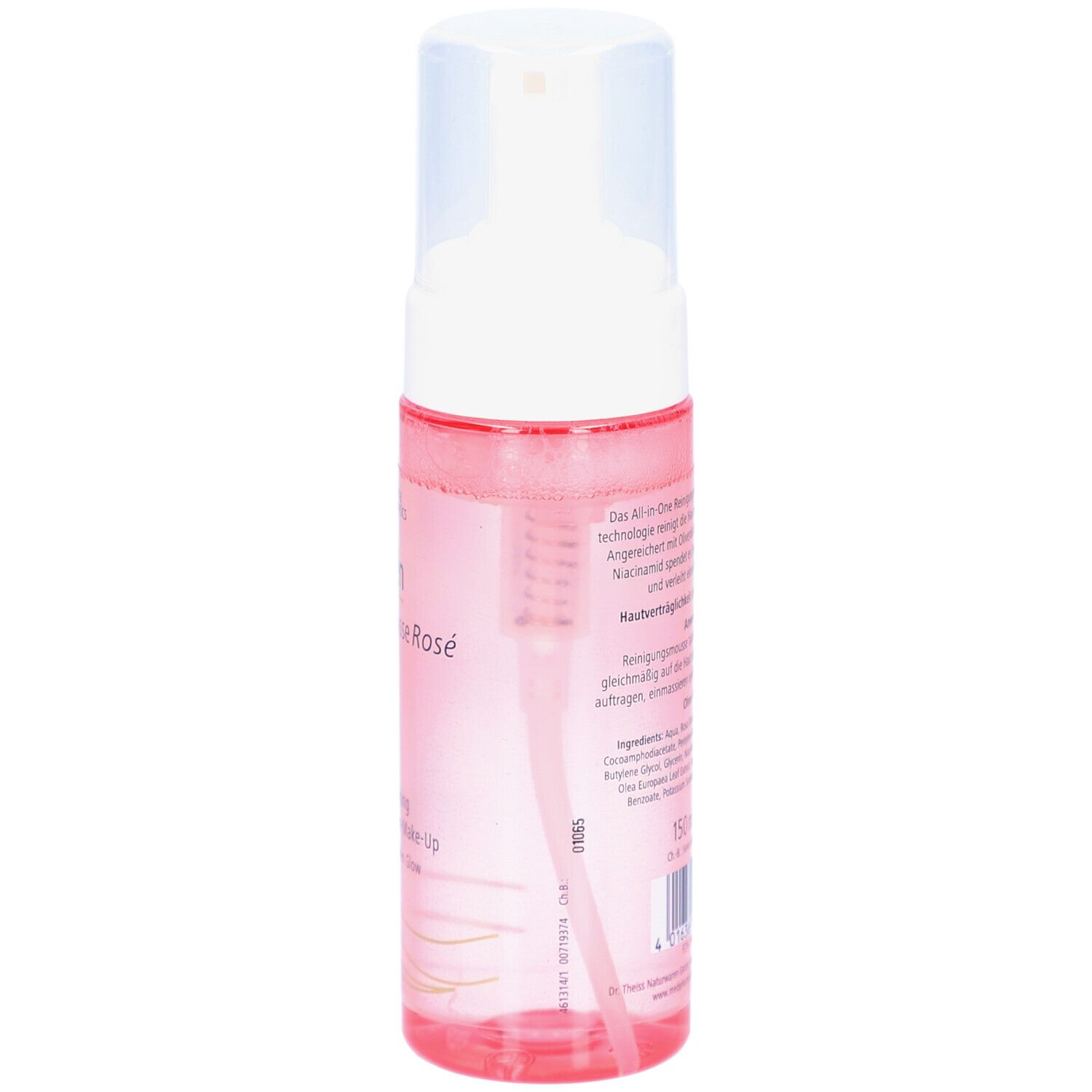 Reinigungsmousse Rosé von medipharma cosmetics. Rückseite der Flasche mit Text. Transparente Flasche mit weißem Pumpkopf.