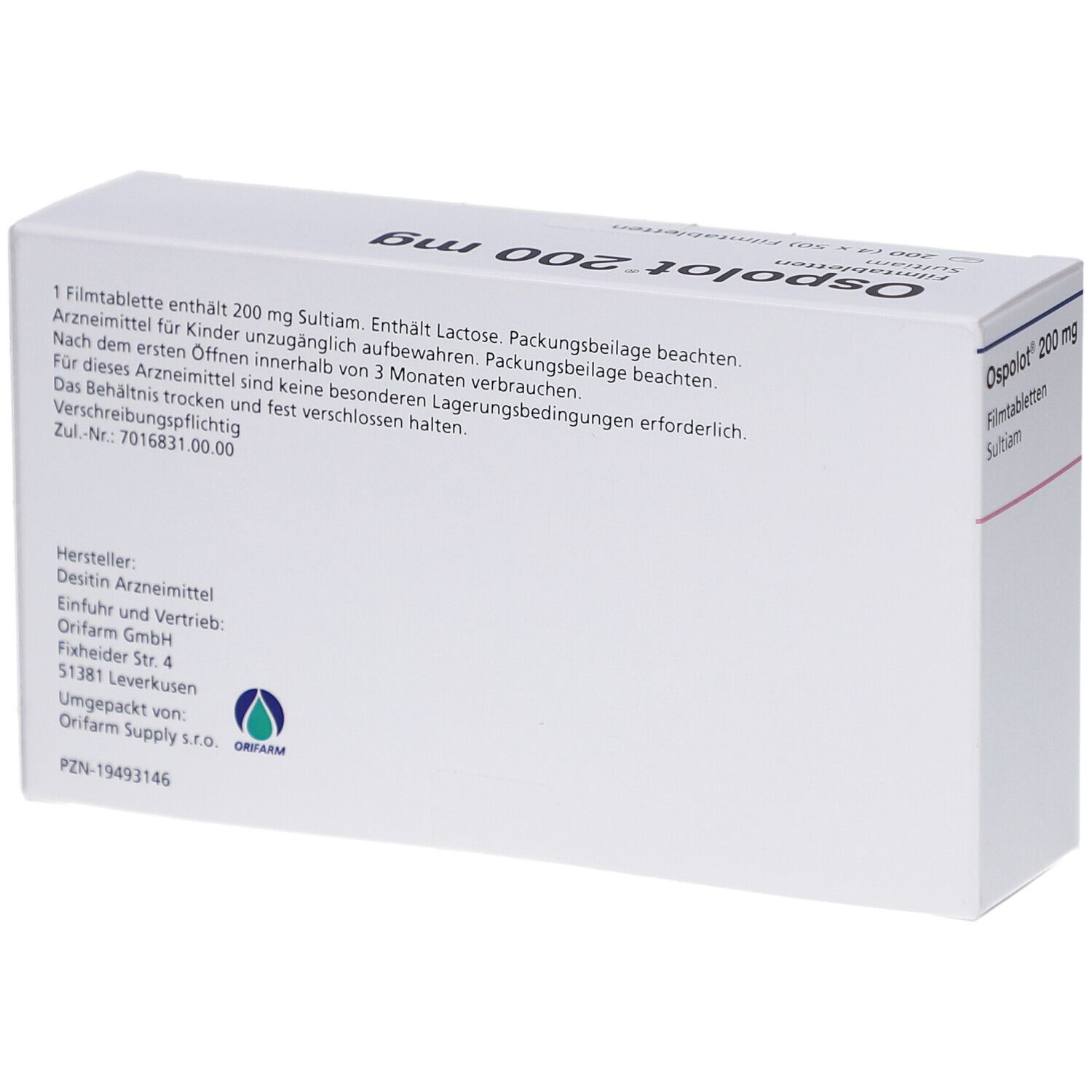 Rückseite der weißen Schachtel mit Text. Hersteller: Desitin Arzneimittel. Enthält Informationen zu den Tabletten.