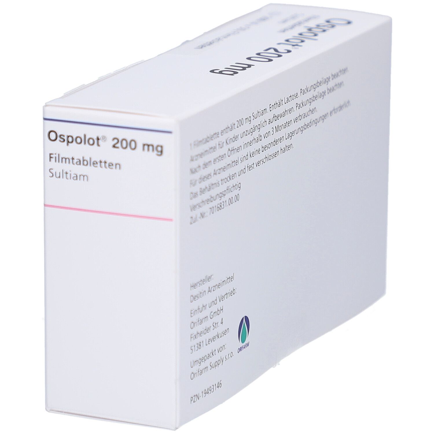Schachtel mit Aufschrift Ospolot 200 mg Filmtabletten. Rückseite mit Text. Hersteller: Desitin Arzneimittel. Schrägansicht.