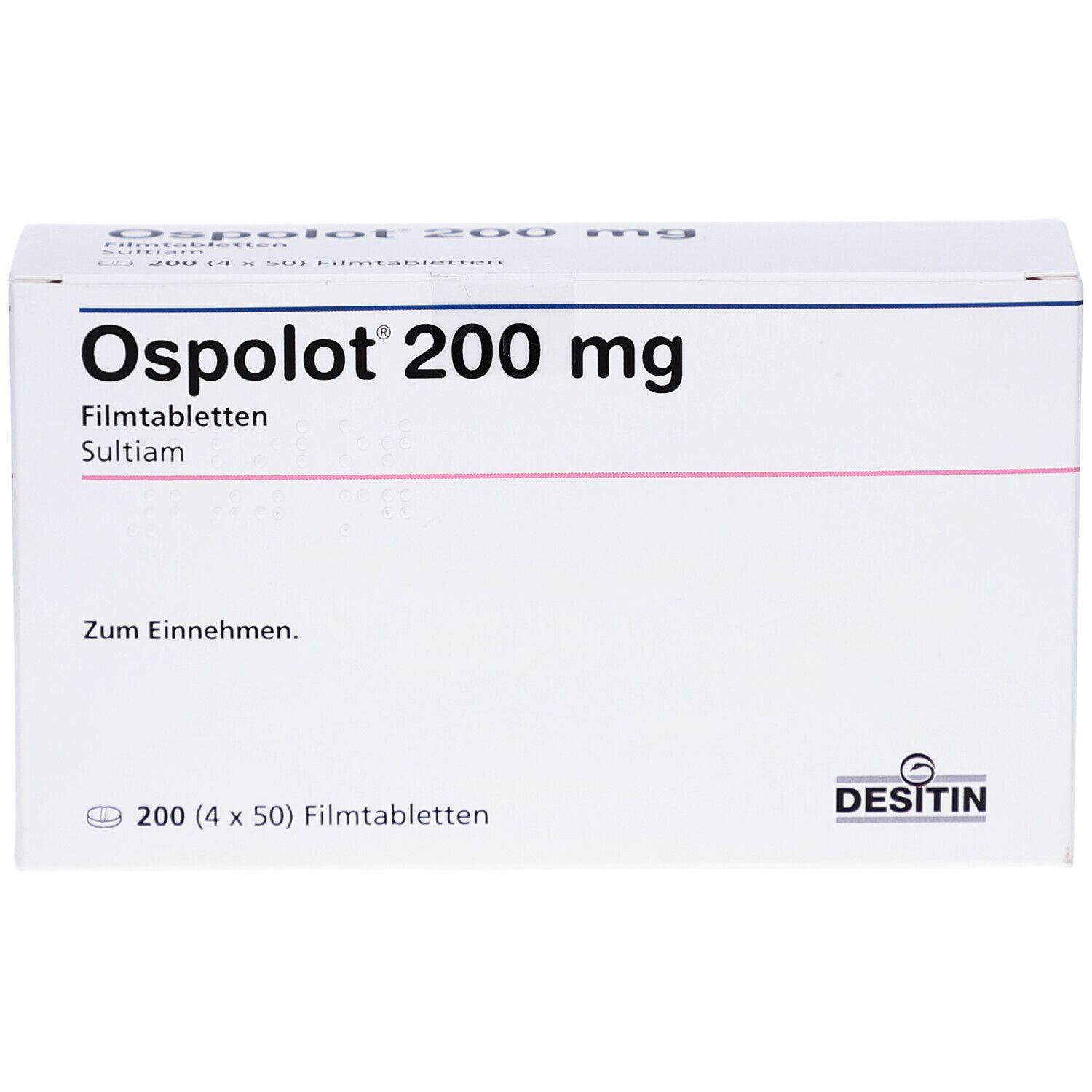 Weiße Schachtel mit Aufschrift Ospolot 200 mg Filmtabletten. Enthält 200 Tabletten. Marke Desitin.