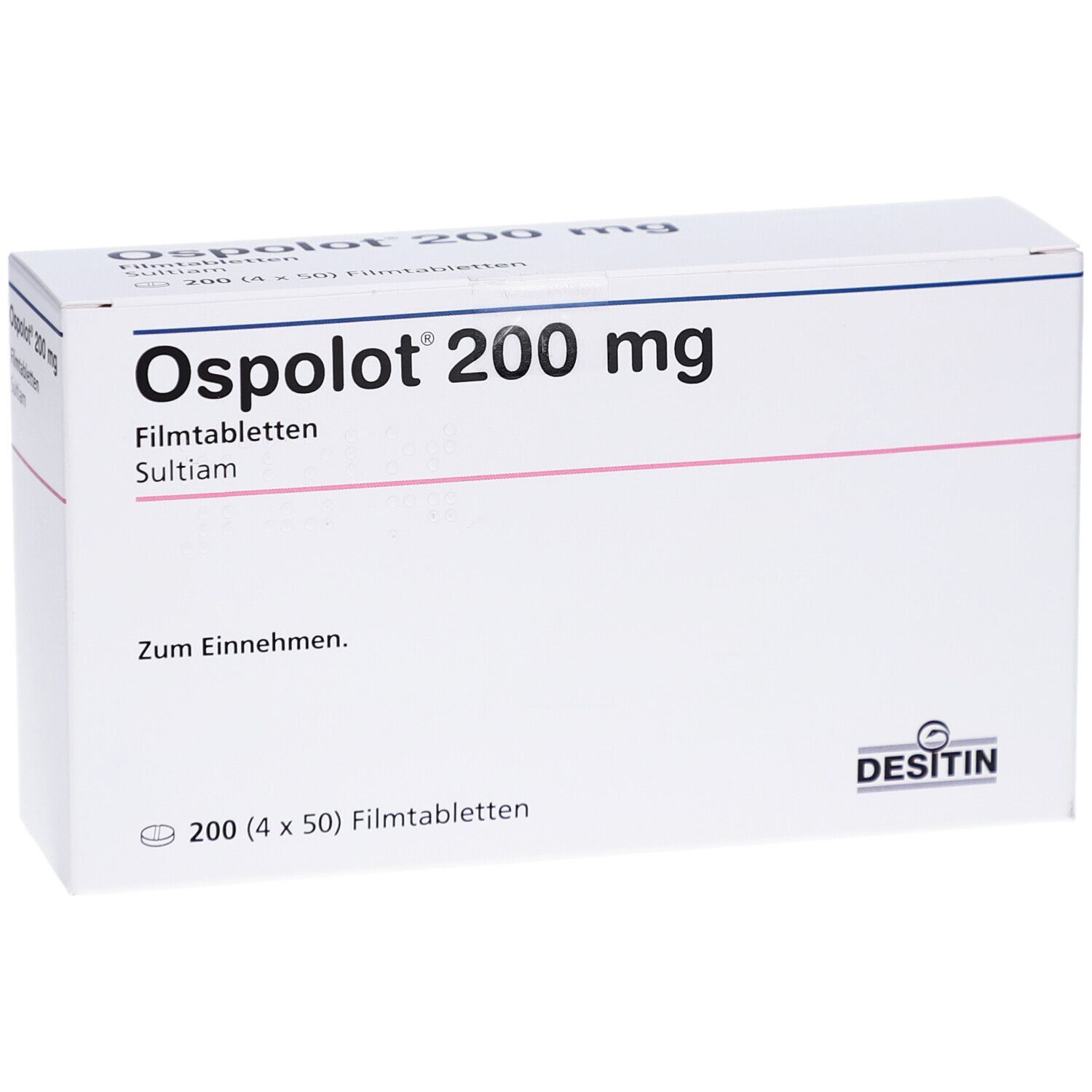 Weiße Schachtel mit Aufschrift Ospolot 200 mg Filmtabletten. Enthält 200 Tabletten. Marke Desitin.