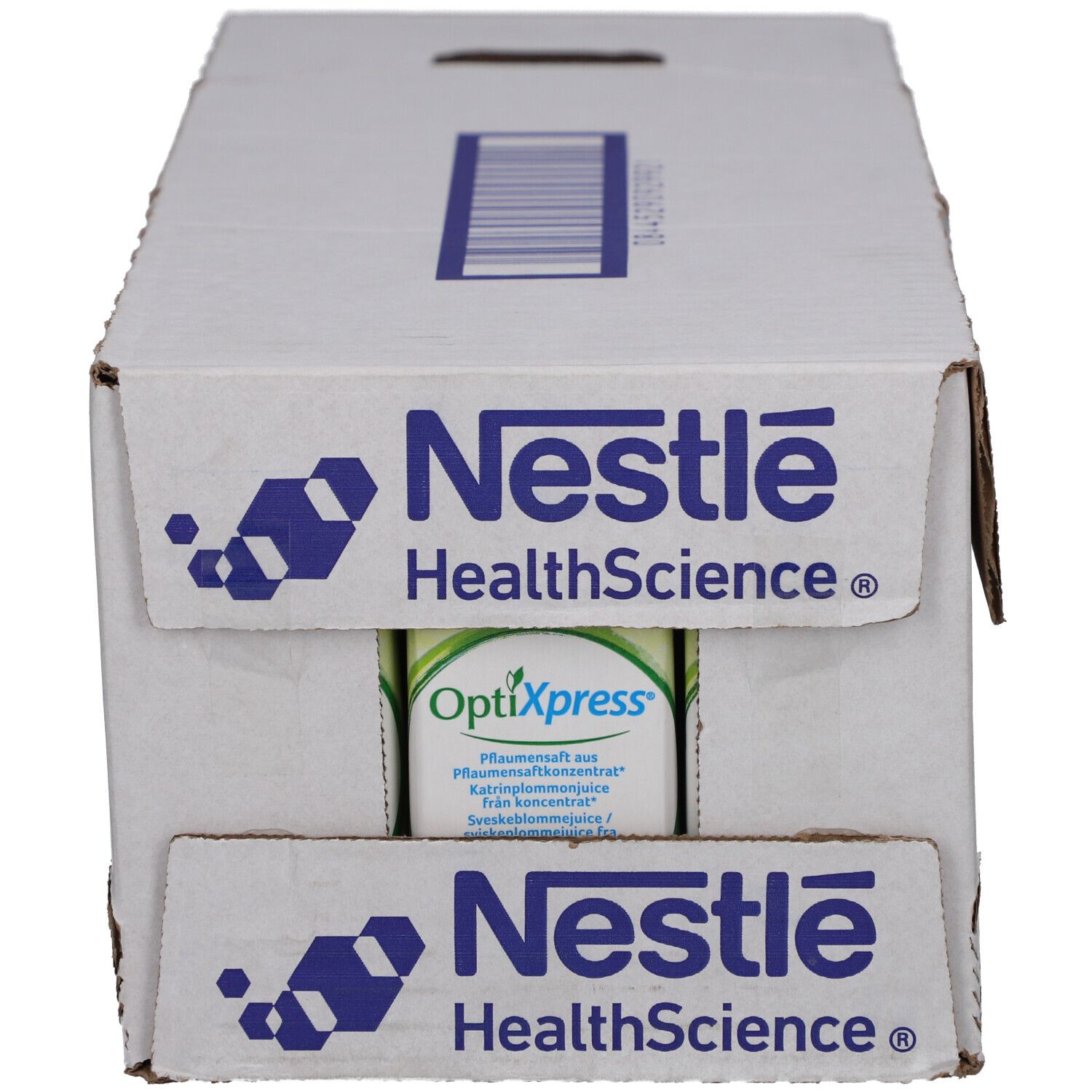 Karton mit Nestlé OptiXpress. Logo und Schriftzug 'Nestlé HealthScience'. Sichtbar sind Getränkepackungen.