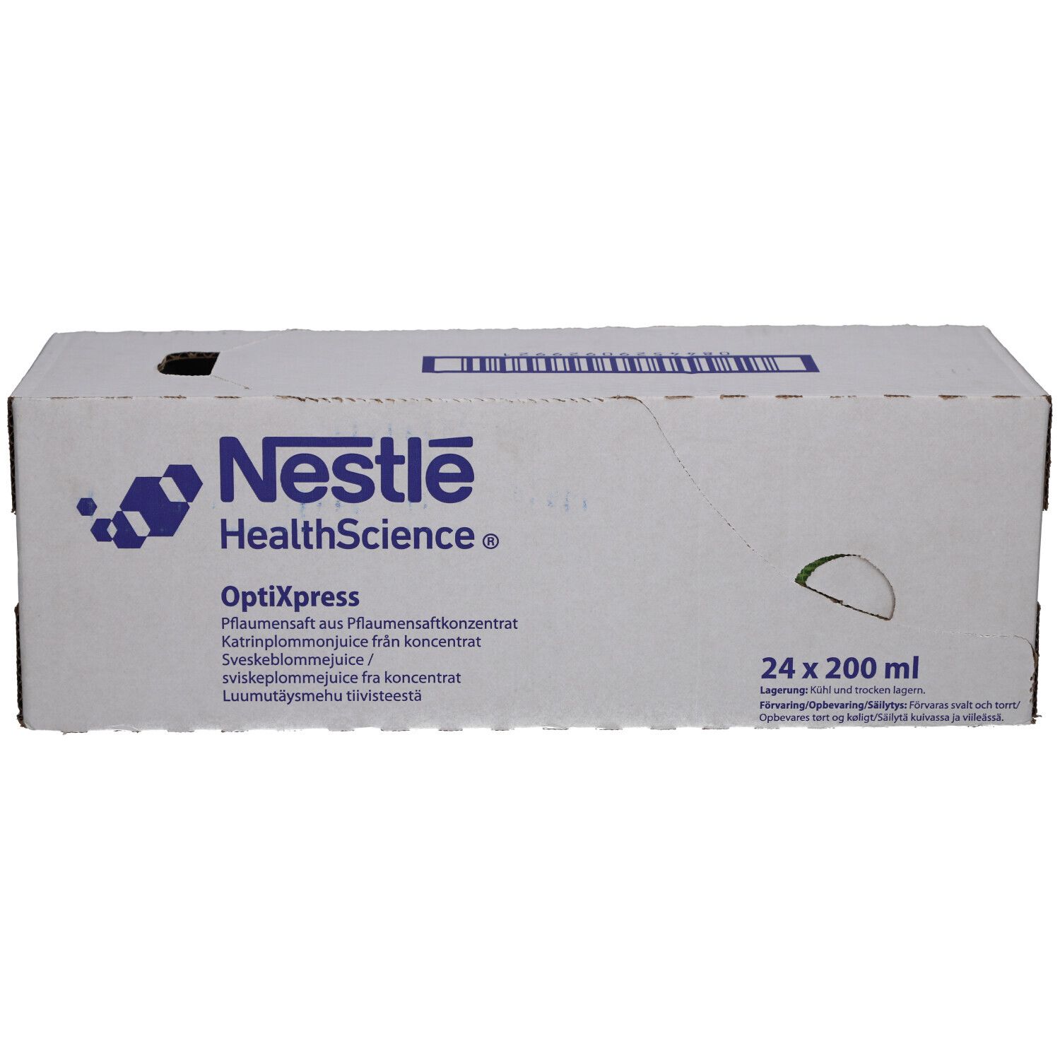 Karton mit Nestlé OptiXpress. Logo und Schriftzug 'Nestlé HealthScience'. Aufdruck '24 x 200 ml'.