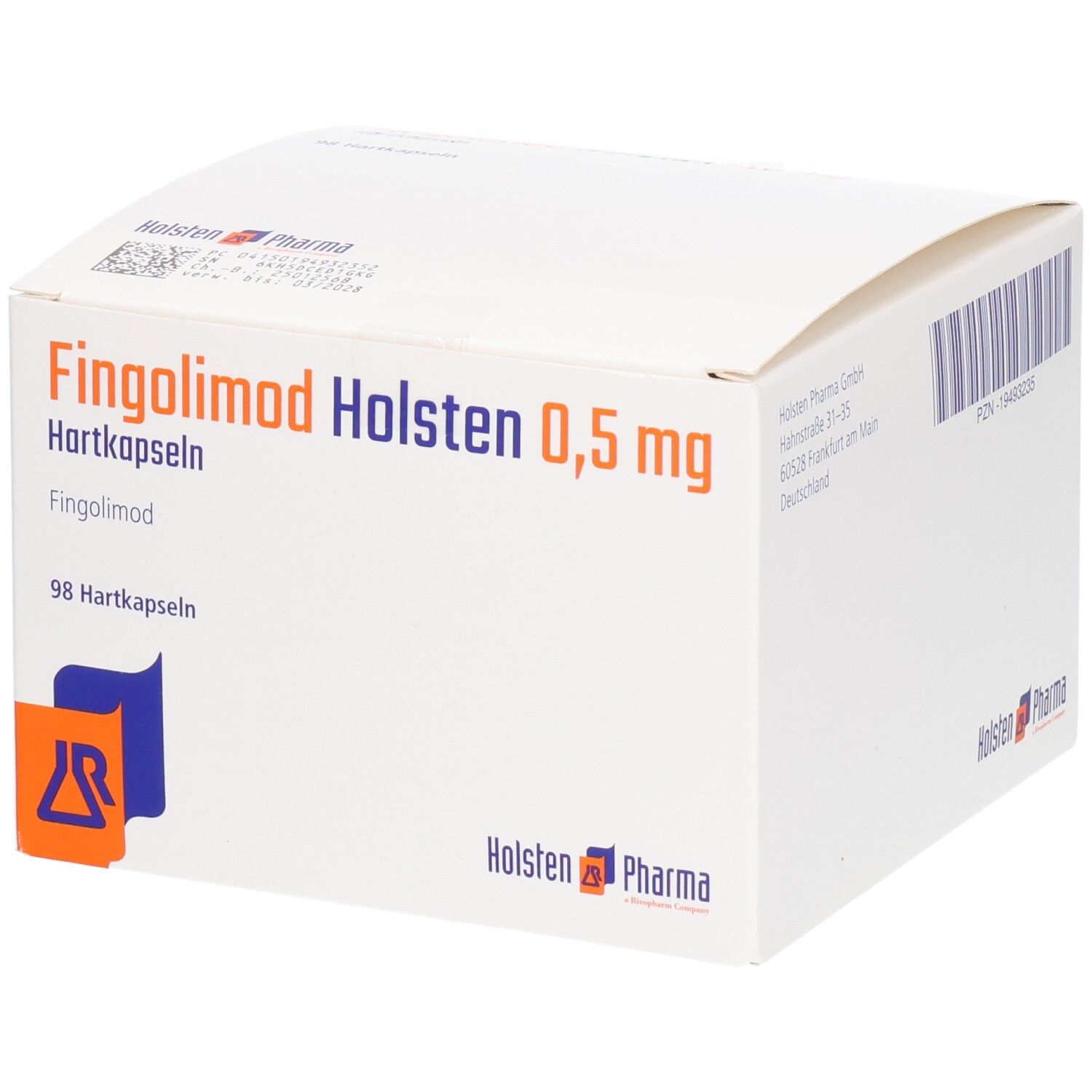 Weiße Faltschachtel mit Aufschrift: Fingolimod Holsten 0,5 mg Hartkapseln. Logo Holsten Pharma. 98 Hartkapseln.
