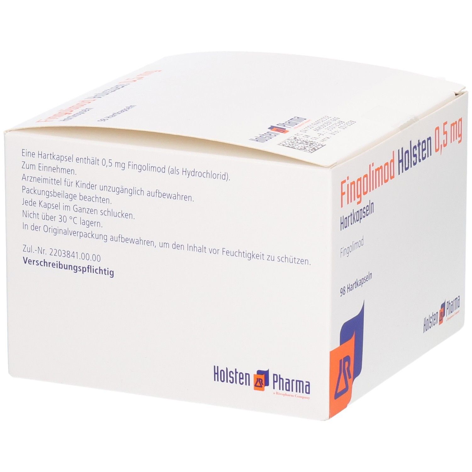 Weiße Faltschachtel mit Text und Logo Holsten Pharma. Aufschrift: Fingolimod Holsten 0,5 mg Hartkapseln. 98 Hartkapseln.