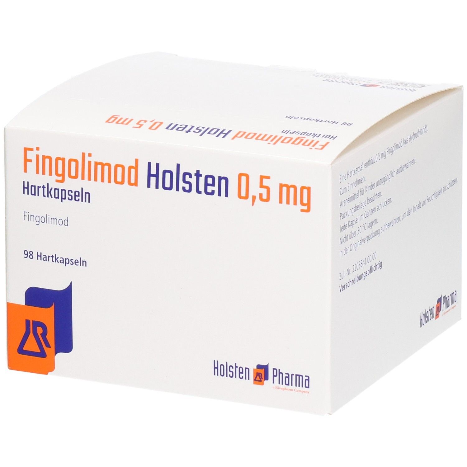 Weiße Faltschachtel mit Aufschrift: Fingolimod Holsten 0,5 mg Hartkapseln. Logo Holsten Pharma. 98 Hartkapseln.