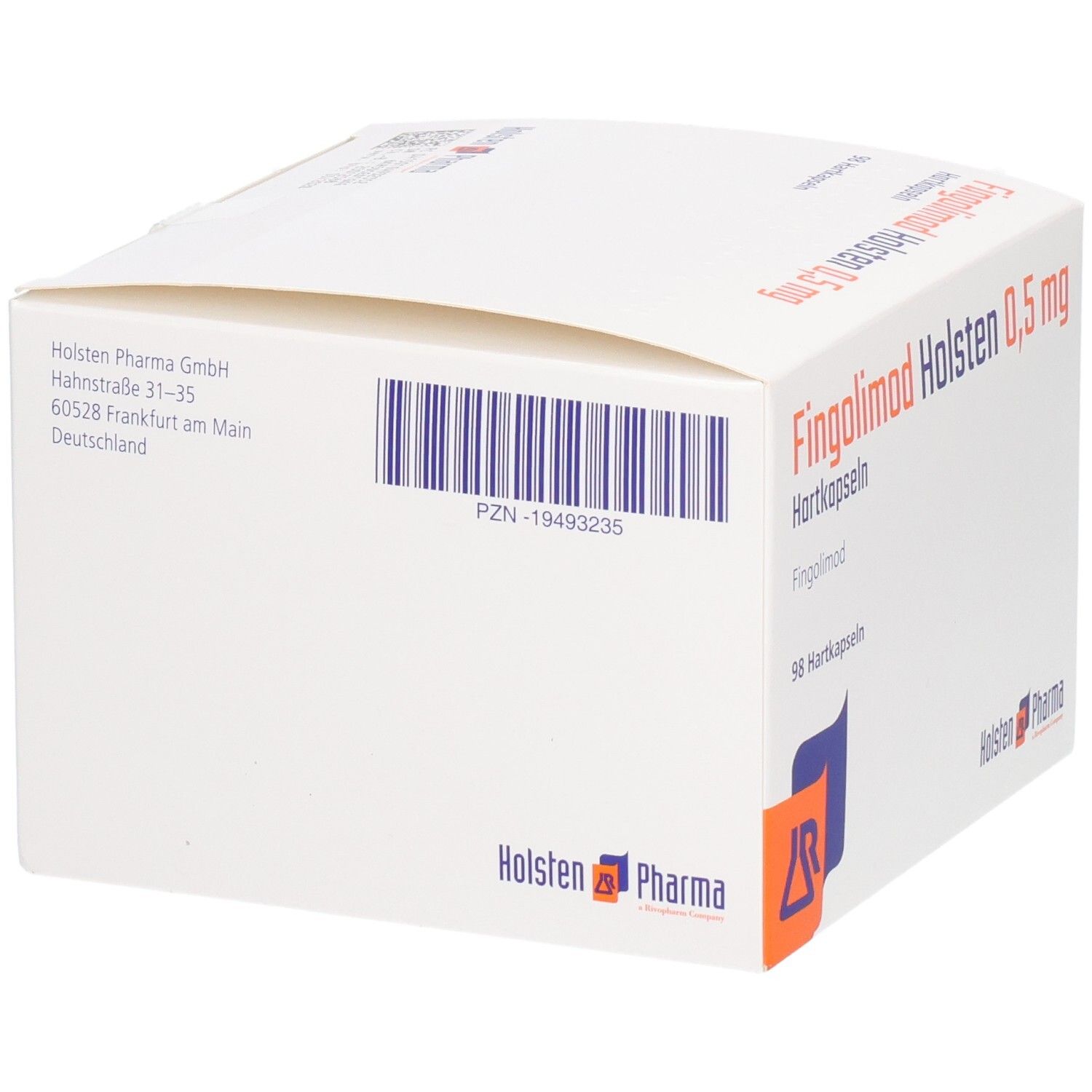 Weiße Faltschachtel mit Barcode und Aufschrift: Fingolimod Holsten 0,5 mg Hartkapseln. Logo Holsten Pharma. 98 Hartkapseln.
