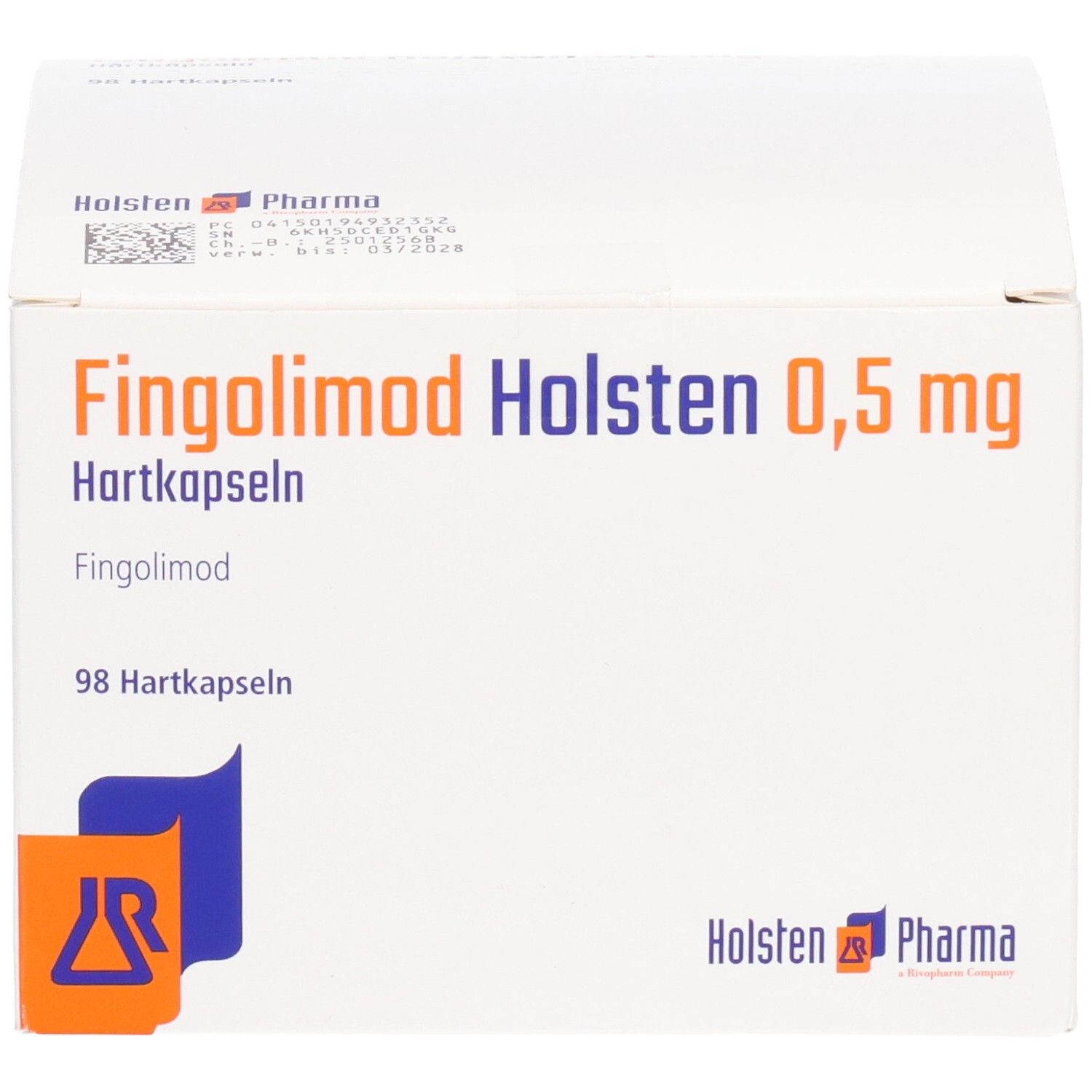 Weiße Faltschachtel mit Aufschrift: Fingolimod Holsten 0,5 mg Hartkapseln. Logo Holsten Pharma. 98 Hartkapseln.