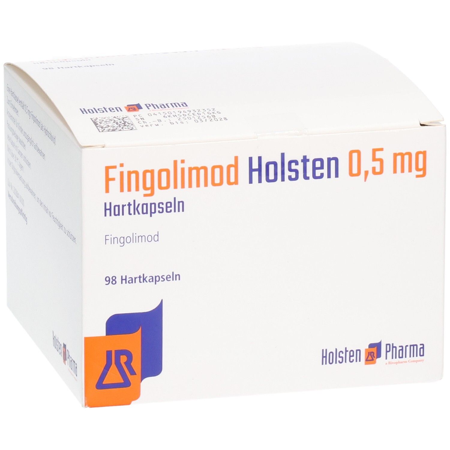 Weiße Faltschachtel mit Aufschrift: Fingolimod Holsten 0,5 mg Hartkapseln. Logo Holsten Pharma. 98 Hartkapseln.