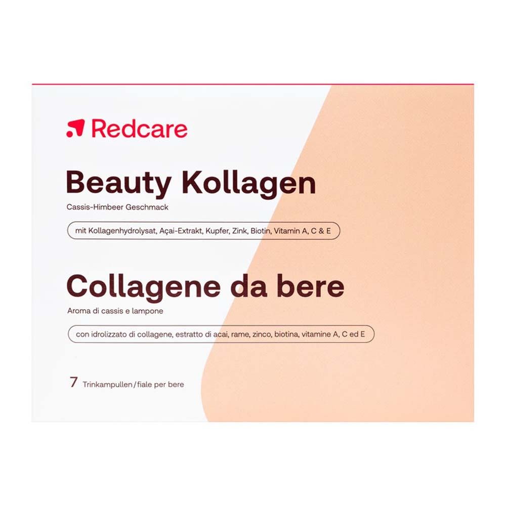 Karton mit Redcare Beauty Kollagen. Aufschrift: Beauty Kollagen, Cassis-Himbeer Geschmack, 7 Trinkampullen.