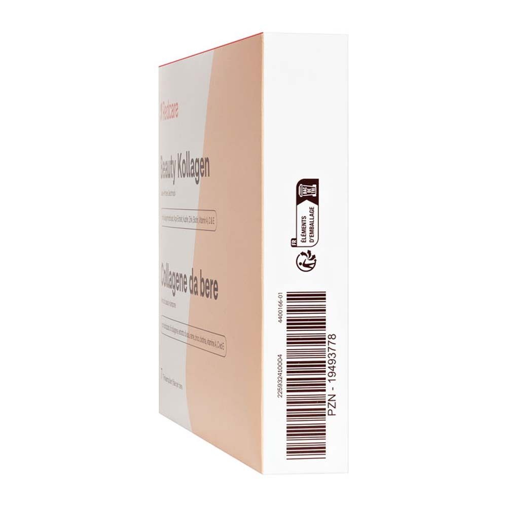 Seite des Kartons mit Redcare Beauty Kollagen. Text und Barcode.