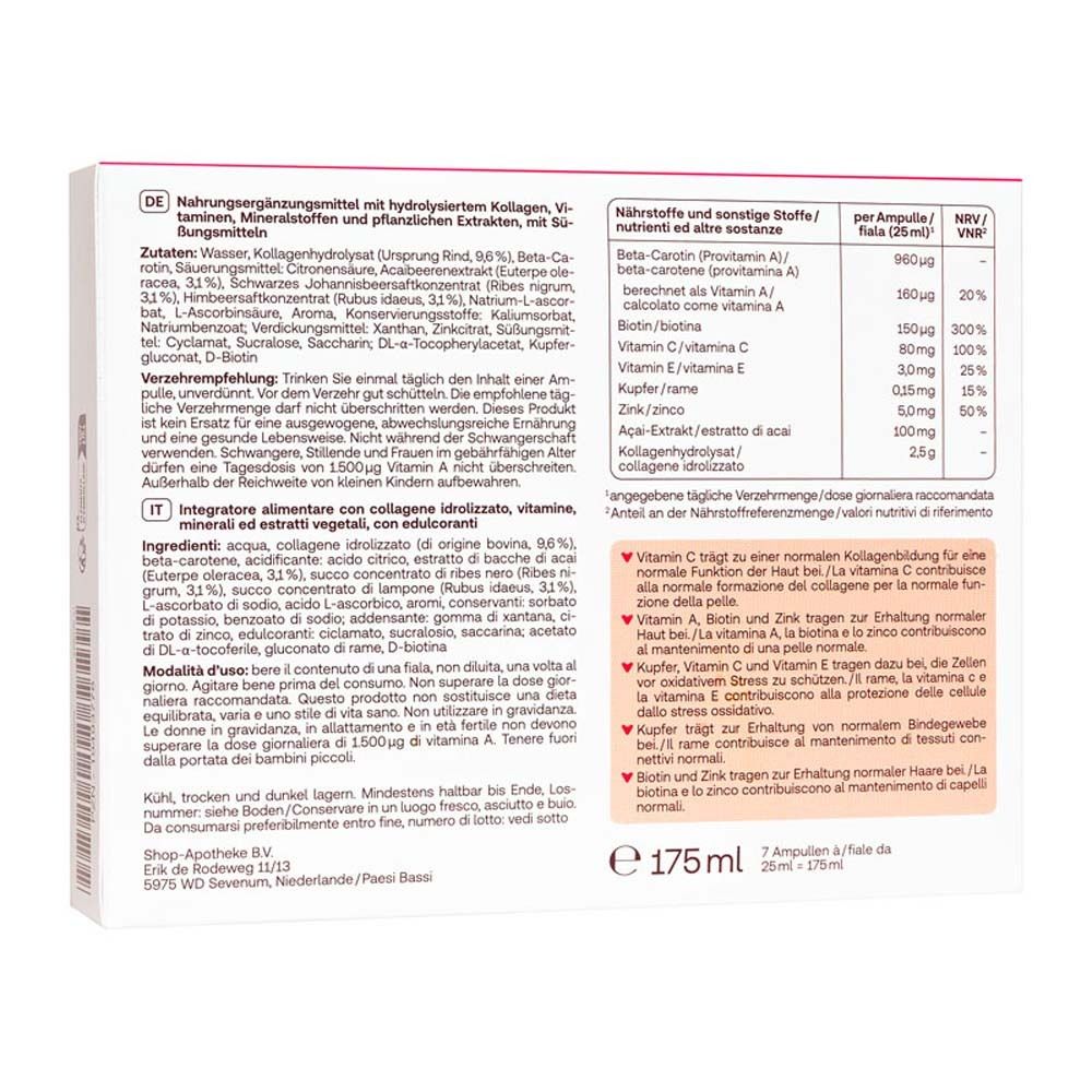 Rückseite des Kartons mit Redcare Beauty Kollagen. Text mit Inhaltsstoffen und Nährwertangaben.