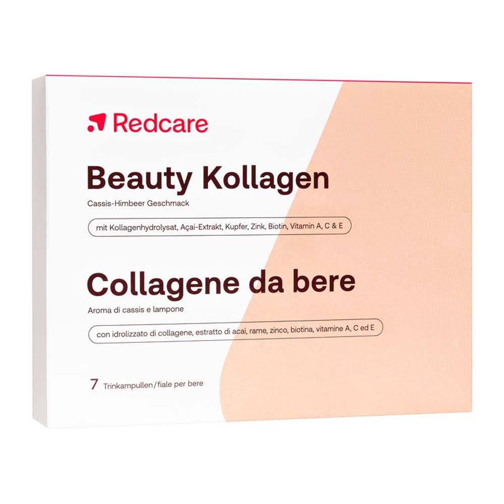 Karton mit Redcare Beauty Kollagen. Aufschrift: Beauty Kollagen, Cassis-Himbeer Geschmack, 7 Trinkampullen.